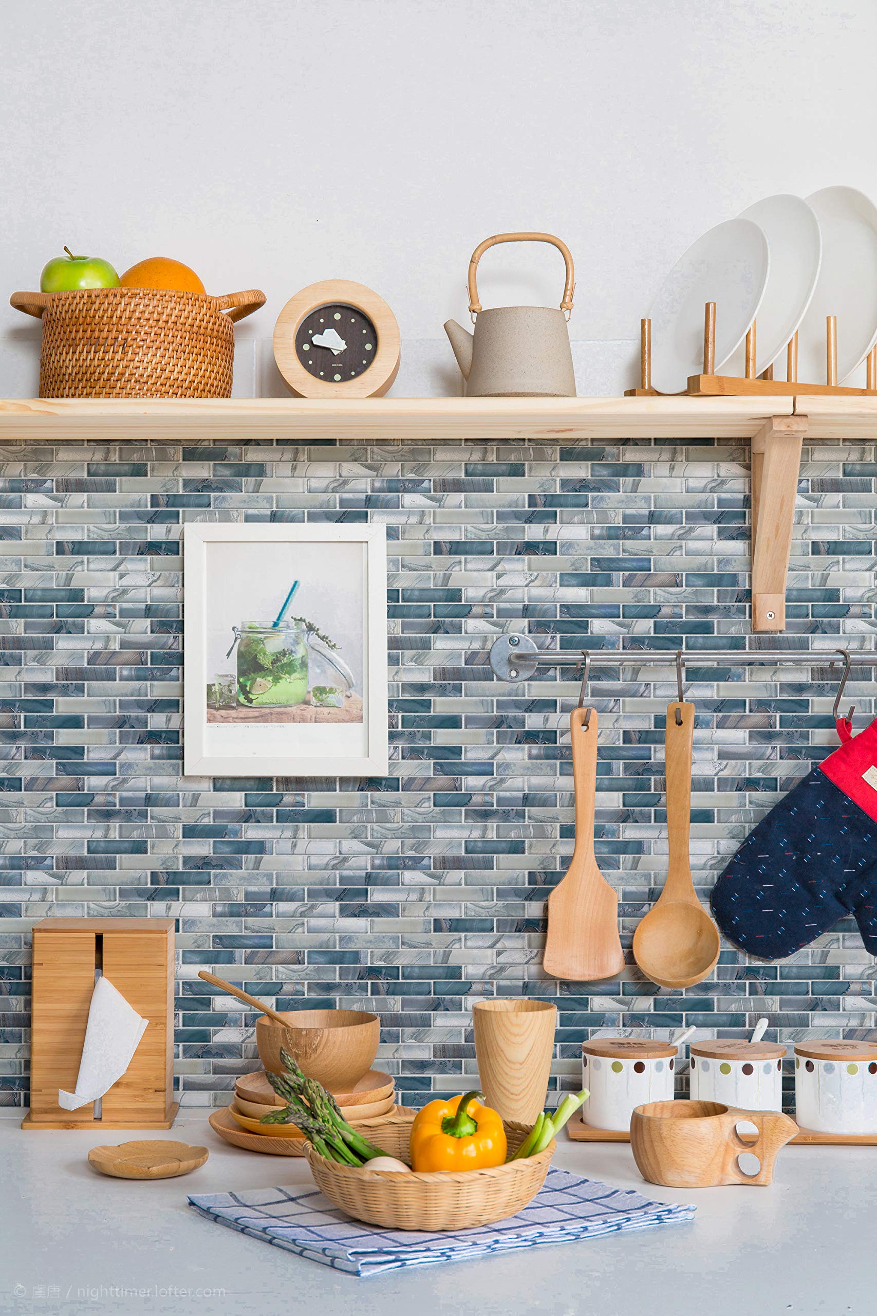 TOCSG-01 1x4 Swirl Blue Glass Mosaic Tile Backsplash (10 Sheets) - Waterproof Kitchen & Bathroom Wall Tile for Stunning Backsplash, Shower, and Fireplace Designs
