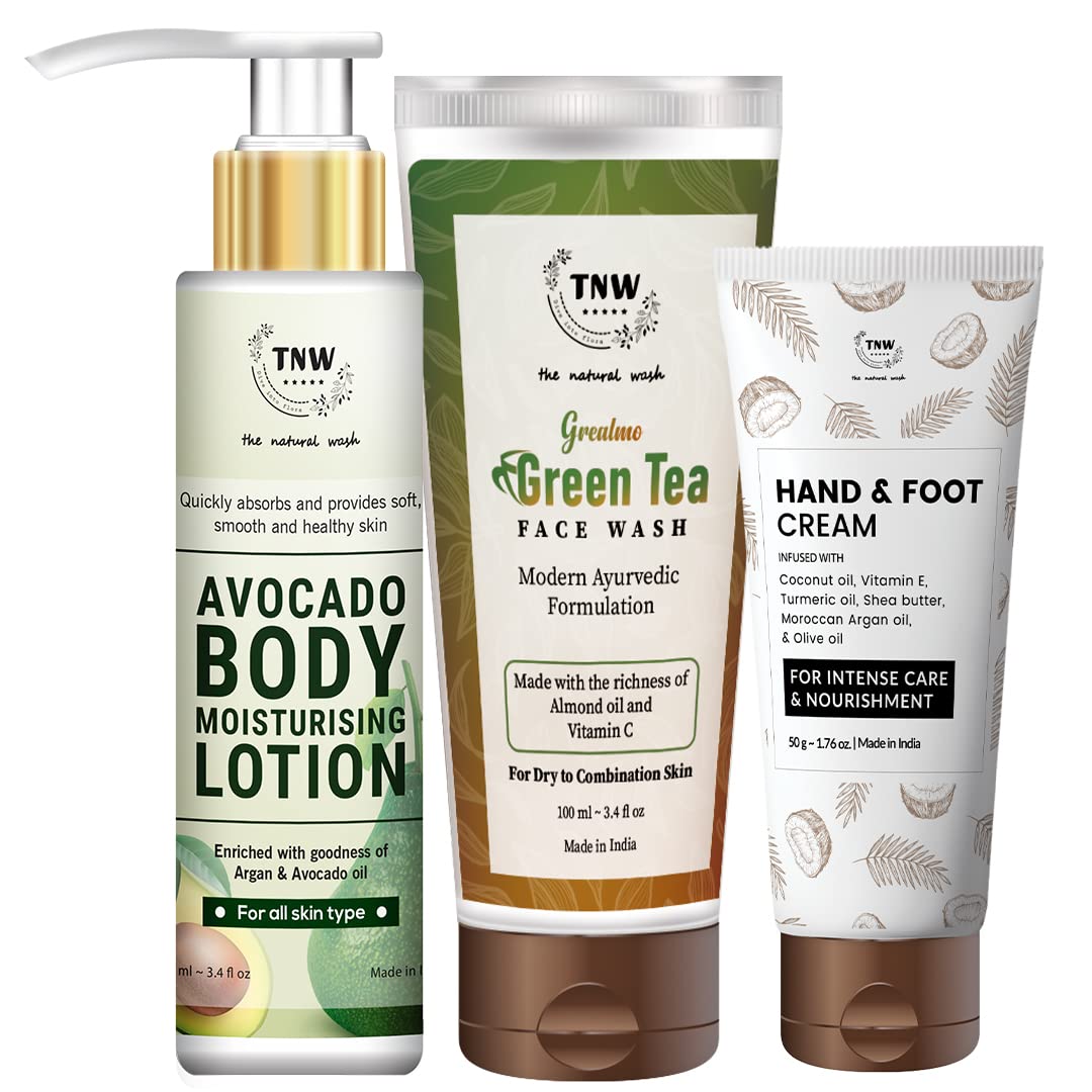 TNW Natural Hand & Foot Cream, Green Tea Face Wash & Avocado Body Lotion - Ultra Hydrating & Soothing Skincare Set for Dry Skin - Perfect for Daily Moisturizing, Spa Days & Travel Essentials