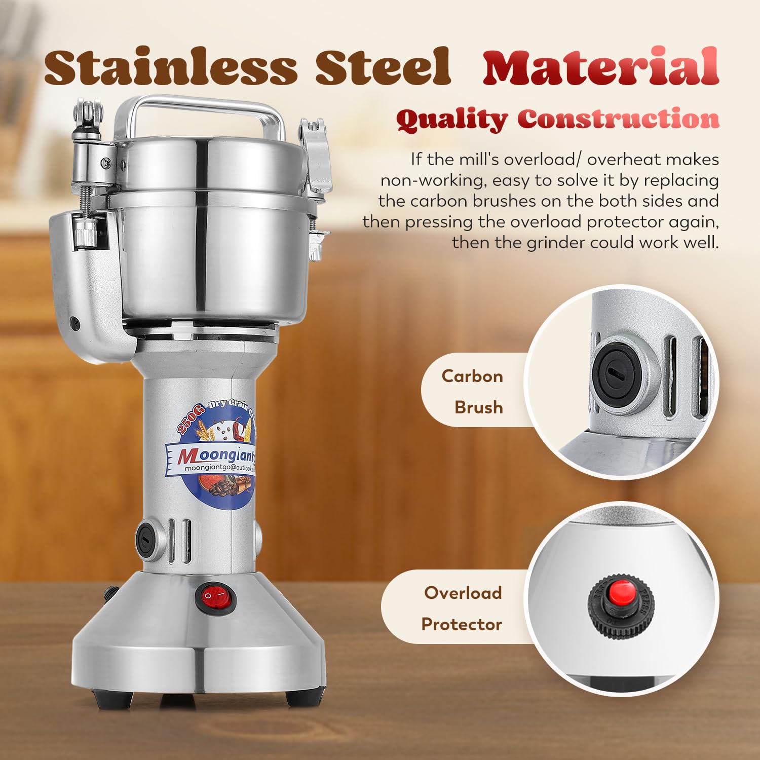 Moongiantgo 950W High-Speed Electric Grain Grinder - Stainless Steel Dry Spice Mill for Wheat, Corn, Rice, Coffee Beans & Herbs - 250g Capacity Safety Grinder for Home & Commercial Kitchen Use (110V) - Perfect for Baking, Coffee Brewing & Spice Preparation
