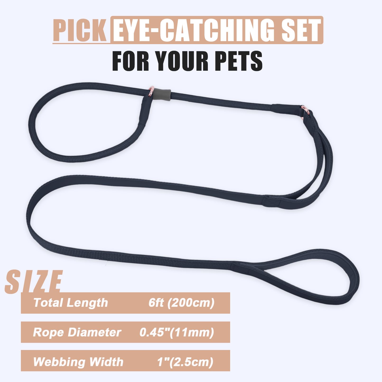Premium Slip Lead Dog Leash - Heavy Duty Nylon No Pull Training Leash with Double Handle for Small Medium Large Dogs - Soft Leather Slip Collar Included - 6ft Black - Perfect for Walking, Training & Outdoor Adventures