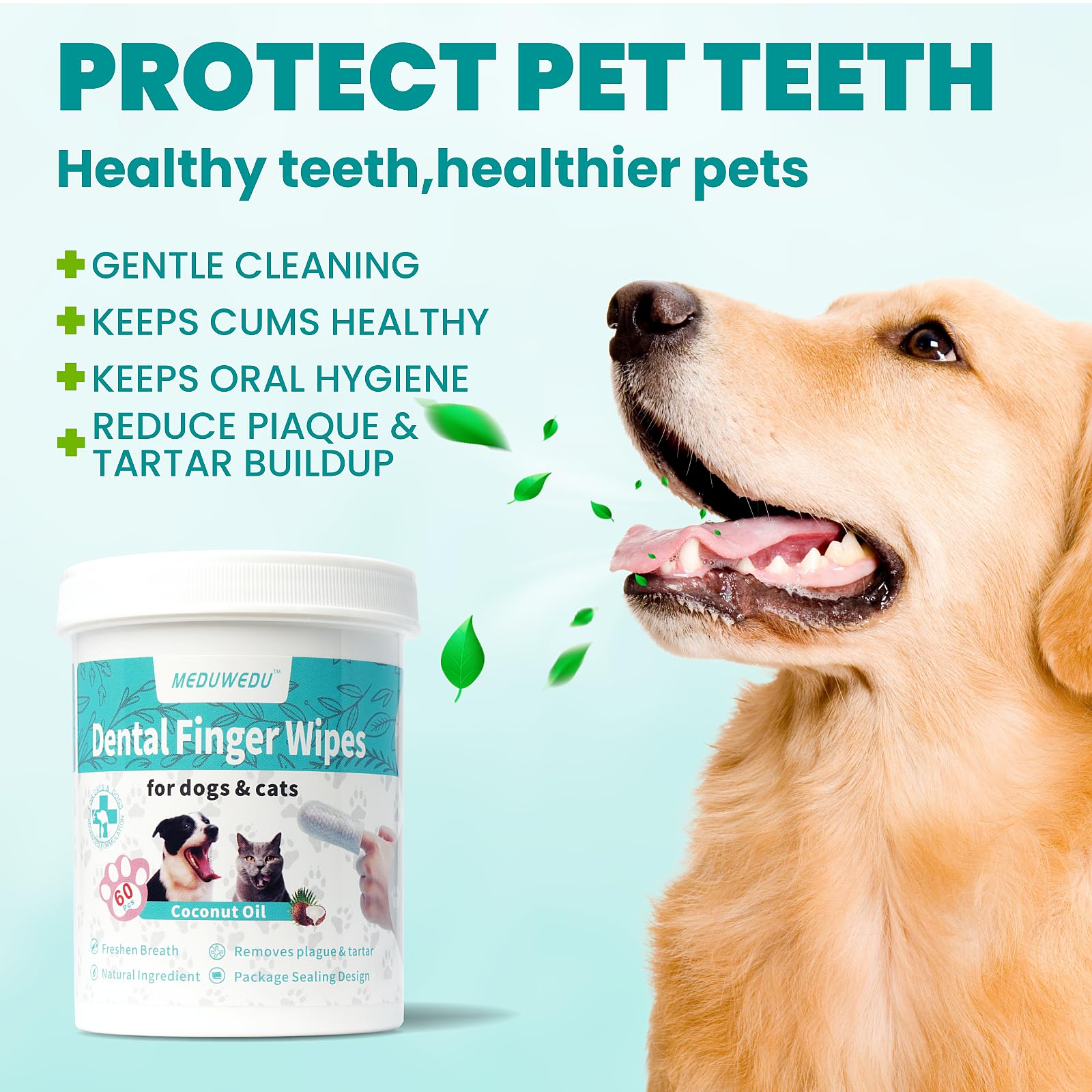 60 Count Dental Care Finger Wipes for Dogs & Cats - Coconut Scented Teeth Cleaning Wipes to Reduce Plaque & Freshen Breath | Perfect for Puppy, Kitten & Pet Oral Hygiene at Home or Travel