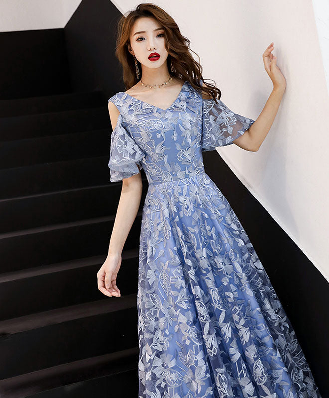 Elegant Blue V-Neck Lace Long Prom Dress for Women - Formal Evening Gown for Homecoming, Ball, Wedding & Special Occasions
