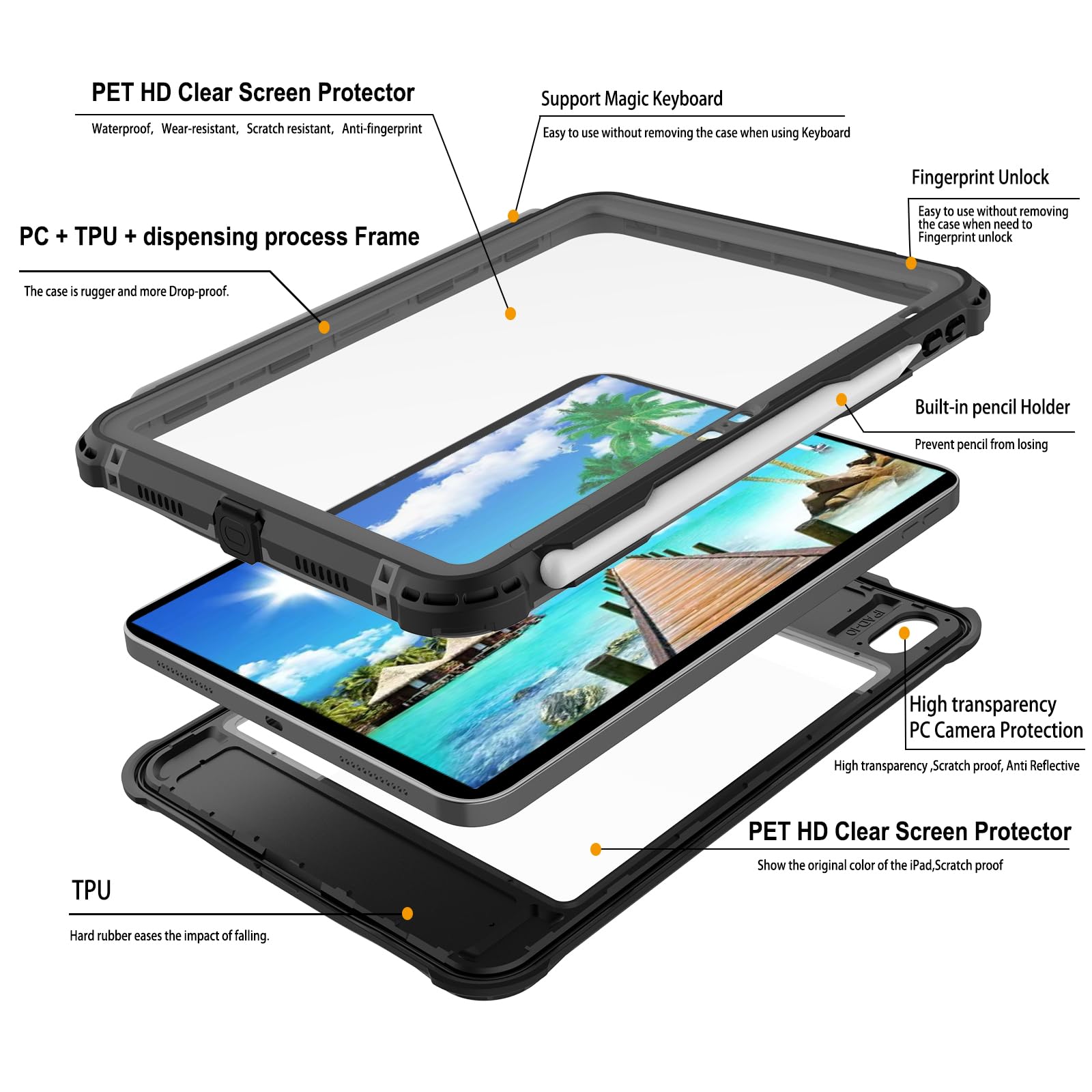 2025 iPad 10th Gen 10.9'' Waterproof & Shockproof Heavy Duty Case - 360° Full Protection with Built-in Screen Protector, Pencil Holder & Kickstand | Compatible with Magic Keyboard | Includes Shoulder Strap | Perfect for Outdoor Adventures, Travel & Daily Use (Black)