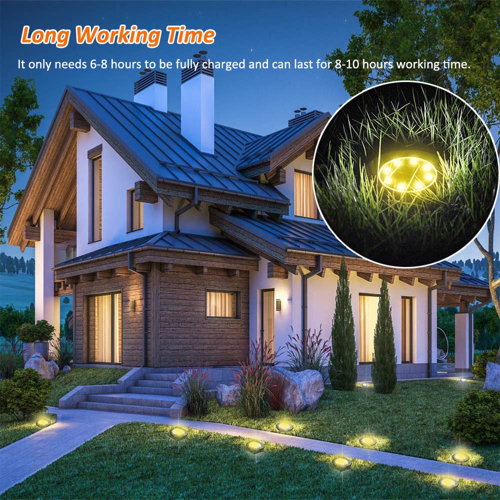 Solar Ground Lights Outdoor Waterproof - 4 Pack 8-LED Solar Disk Garden Path Lights for Pathway, Lawn, Yard, Patio, Driveway & Pool - Warm White Landscape Lighting for Decorative & Safety Use at Night