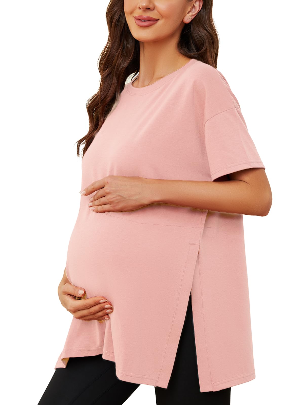 Ecavus Women's Maternity Shirts - Split Side Pregnancy Tops & Blouses, Short Sleeve Loose Fit Casual Maternity Clothes for Expecting Moms | Perfect for Work, Shopping & Everyday Comfort
