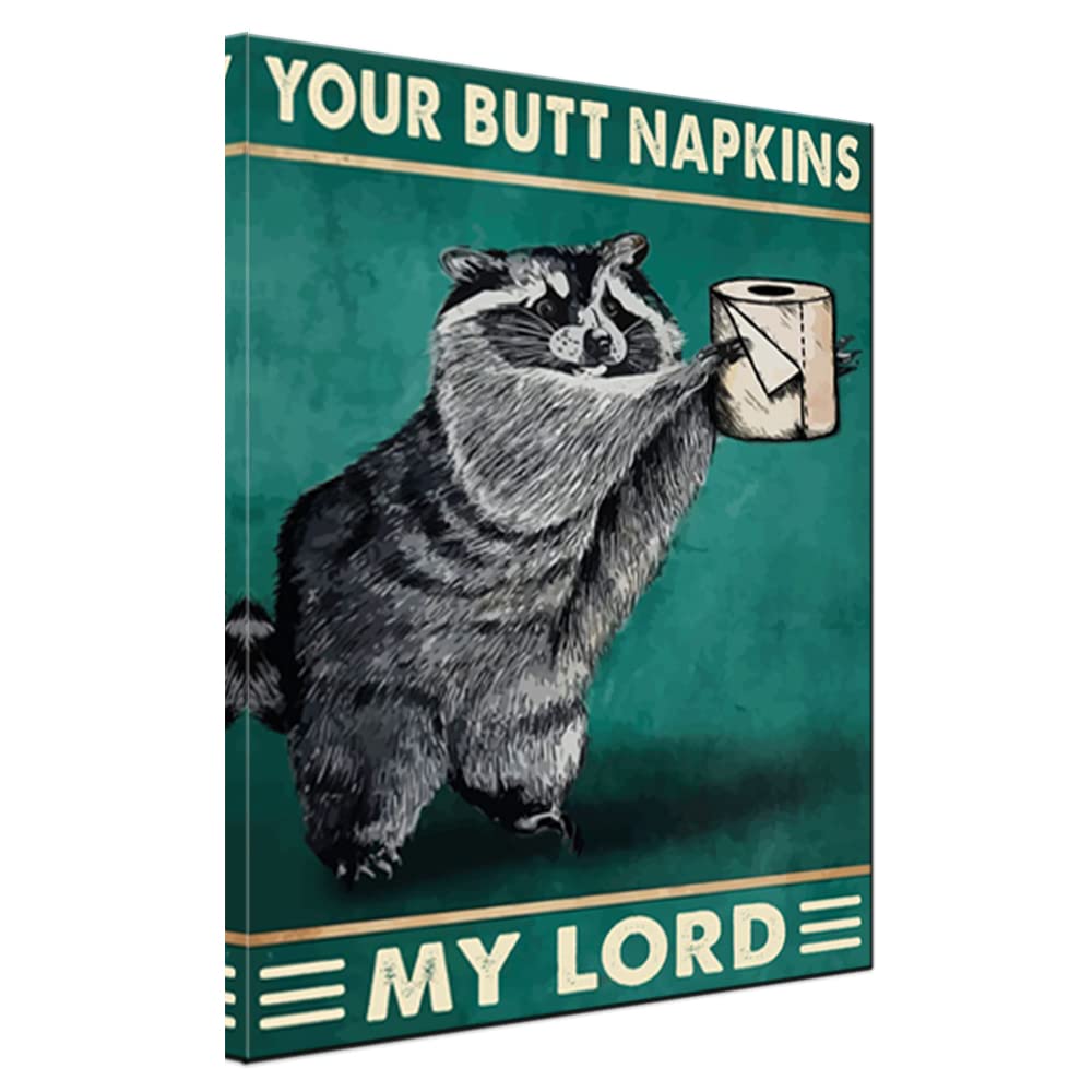 Funny Retro Raccoon Bathroom Wall Art - 'Your Butt Napkins My Lord' Canvas Print - 12x16 Inch Animal Decor for Home, Office & Gifts - Perfect for Bathrooms, Living Rooms & Funny Spaces