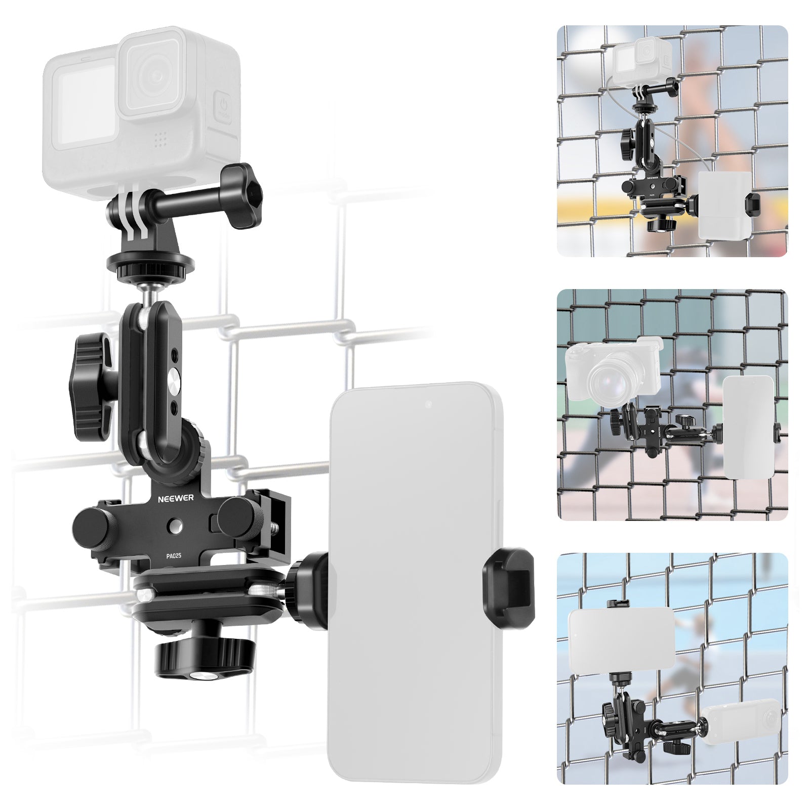 NEEWER PA025 Camera Fence Mounting Kit - Adjustable Clamp for DSLR, Mirrorless, Action Cameras - Perfect for Live Streaming, Vlogging, Outdoor Sports & Security Monitoring