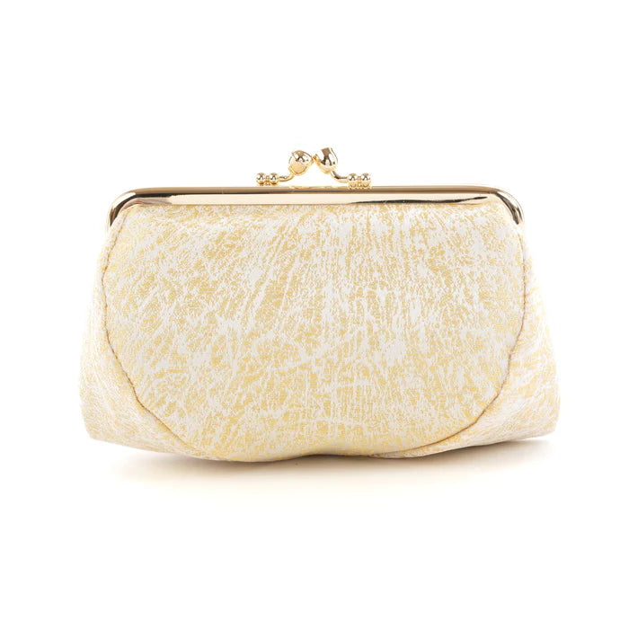 Handmade Kyoto Nishijin Ori Small Pouch - Elegant Crumpled Gold & White Pattern | Japanese Cosmetic Makeup Bag, Gamaguchi Pouch for Travel Toiletry, Stationery & Bag Organizer | Perfect Gift for Women, Luxury Bag-in-Bag Accessory for Daily Use & Special Occasions