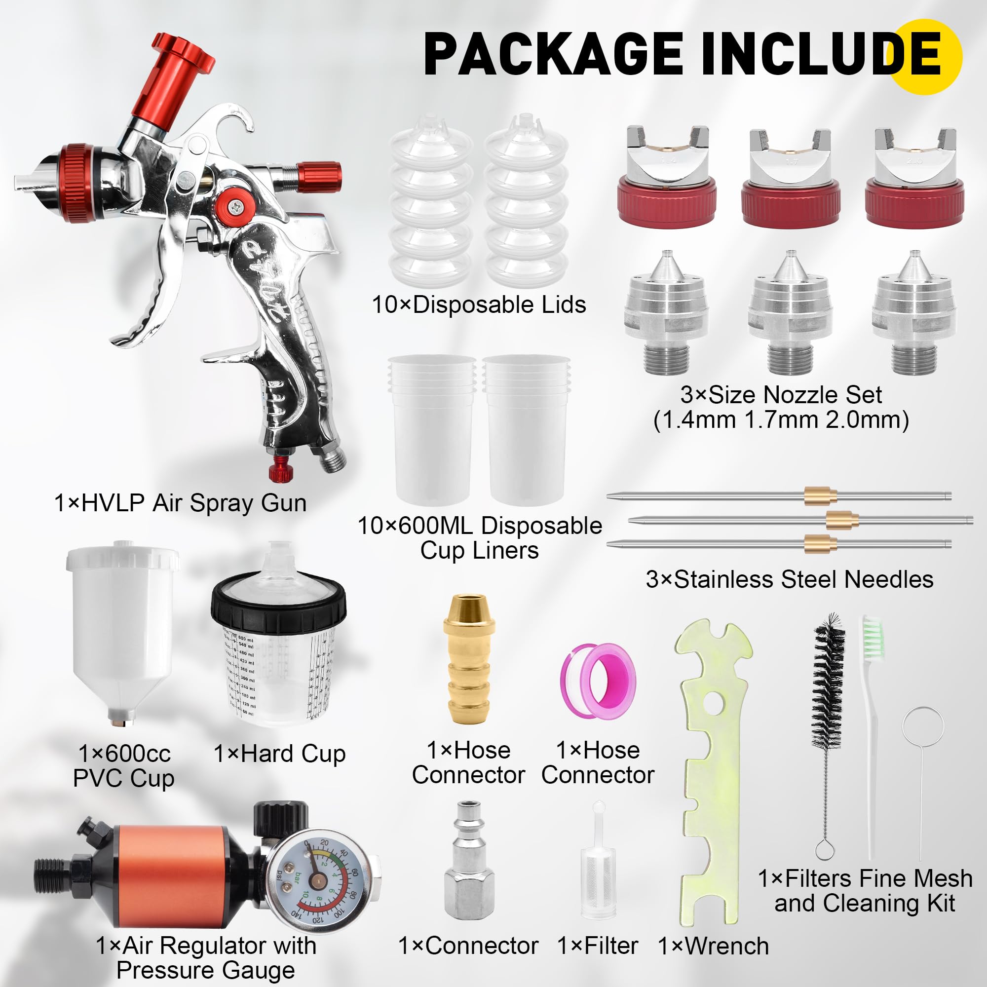 Professional HVLP Gravity Feed Spray Gun Kit - 1.4/1.7/2.0mm Nozzles, 600cc Paint Cups & Regulator - Perfect for Automotive Painting, Wood Finishing & DIY Home Projects