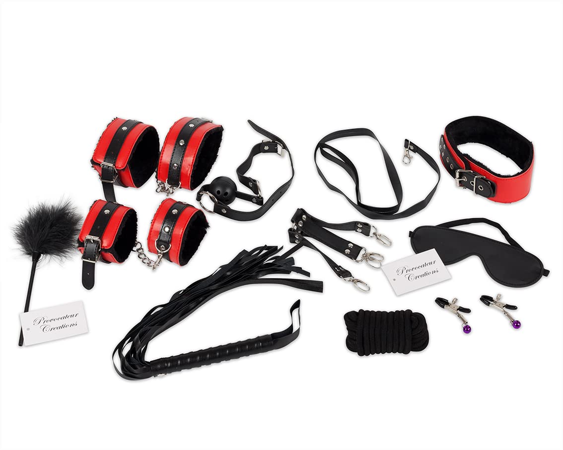 14-Piece BDSM Kit - Leather Restraints, Cuffs & Whip for Beginners | Bedroom Play