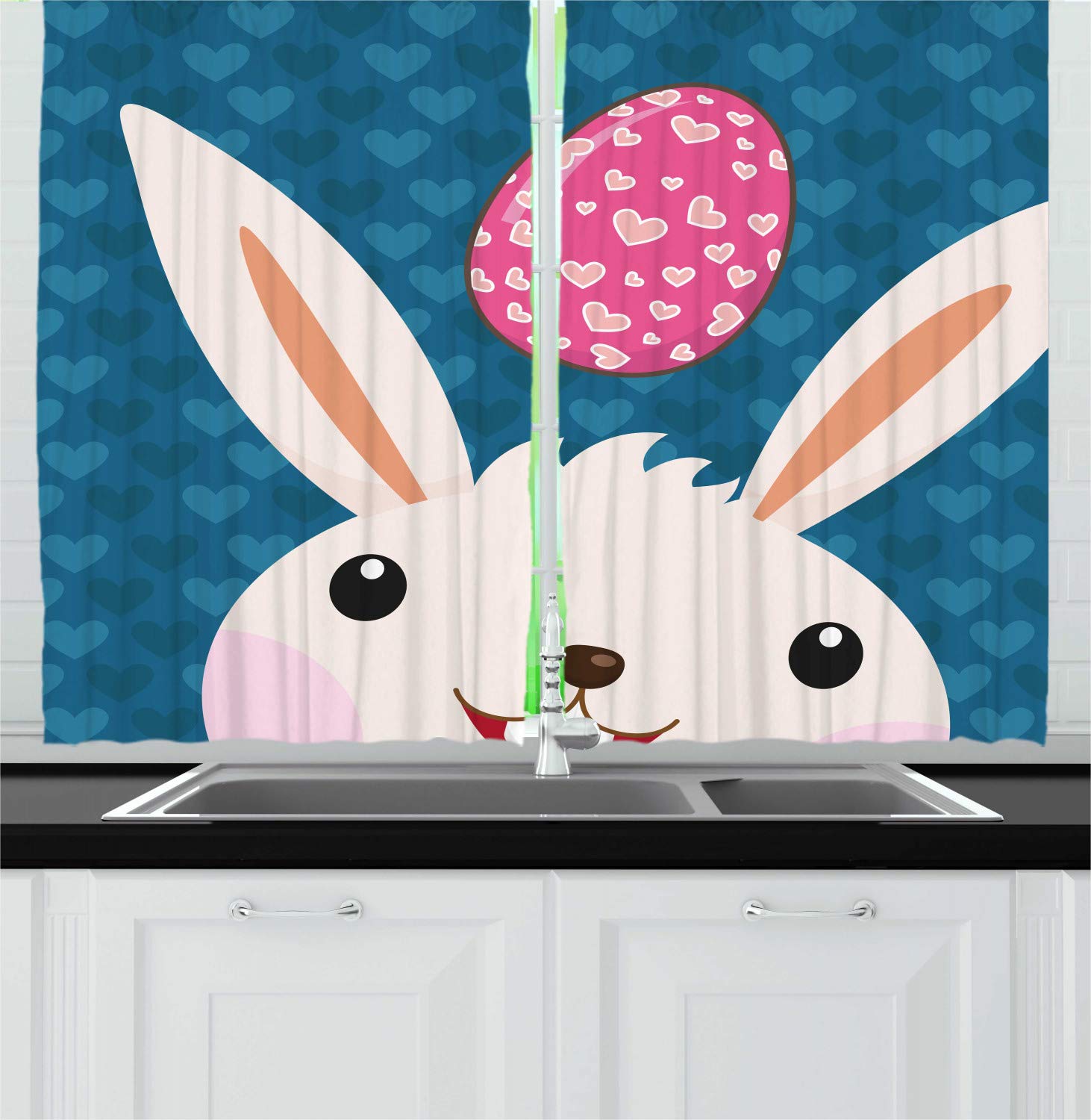 Ambesonne Bunny Kitchen Curtains Set of 2 Panels - Easter Rabbit with Love Egg & Hearts Pattern, Petrol Blue Pink Blush Window Drapes for Kitchen & Cafe Decor, 55 x 39 Inches - Perfect for Spring Decor, Easter Home Decor & Cozy Farmhouse Style