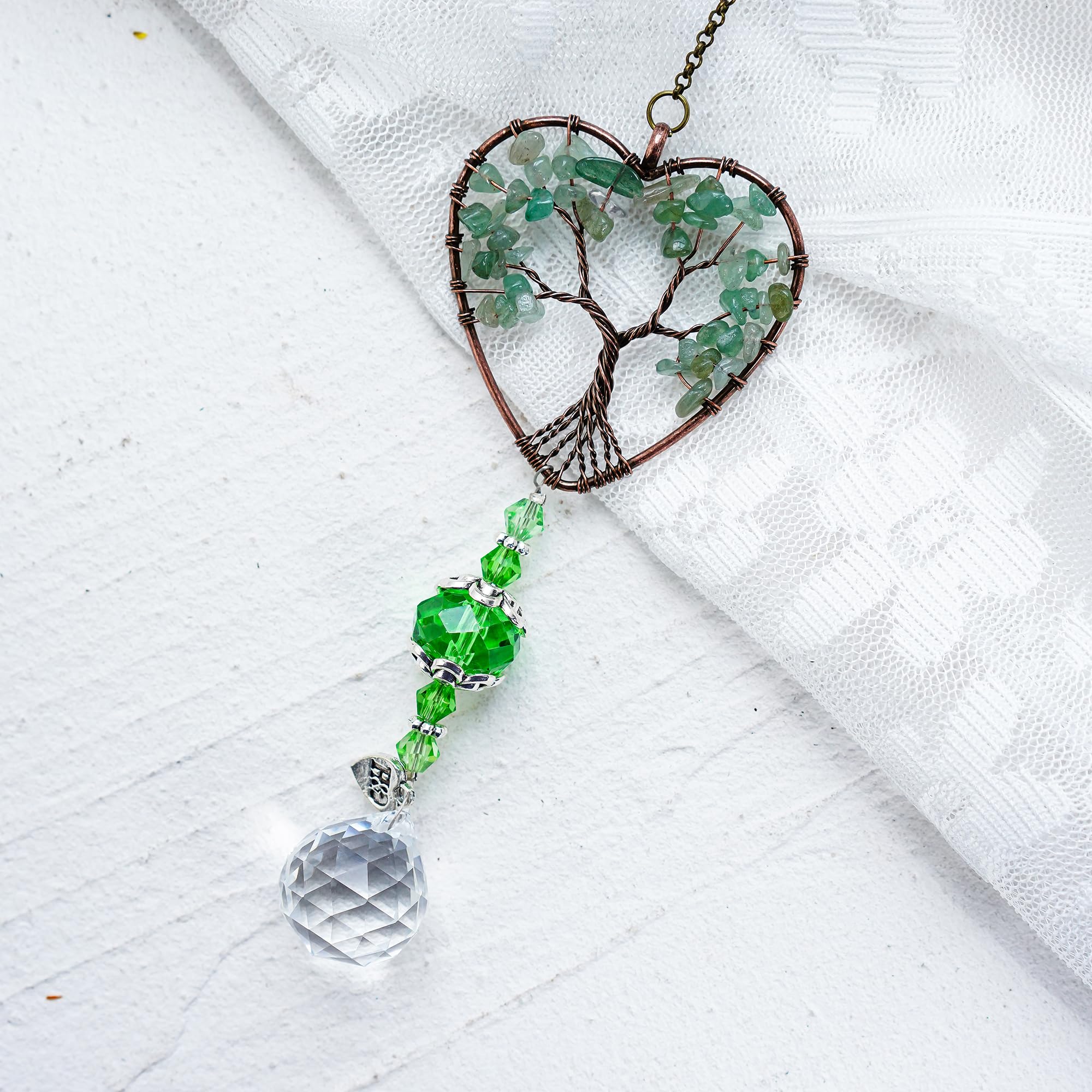 H&D HYALINE & DORA Tree of Life Car Rearview Mirror Hanging Ornament - Feng Shui Suncatcher Pendant for Good Luck & Protection (Green) | Perfect for Car Interior Decor, Spiritual Gift & Positive Energy