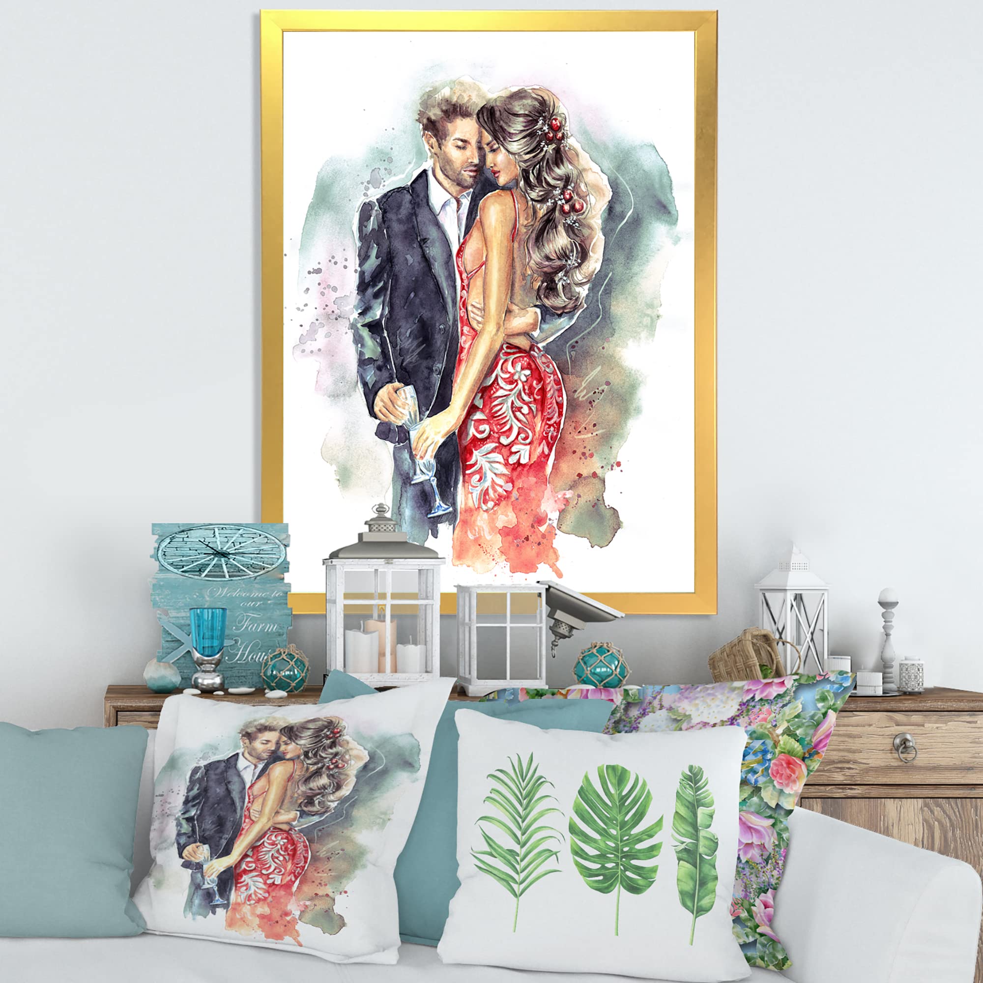 Romantic Couple with Champagne Glasses New Year Wall Art - Elegant Framed Home Decor for Living Room, Bedroom & Wedding Anniversary Gifts