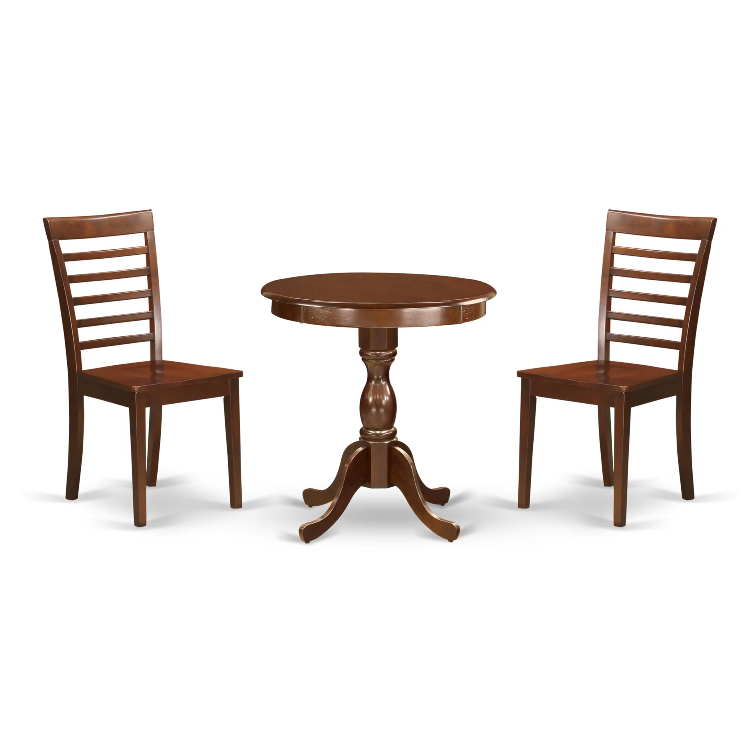 East West Furniture ESML3-MAH-W 3-Piece Mahogany Dining Set with Round Pedestal Table & 2 Wooden Chairs, 30x30 Inch - Perfect for Small Spaces, Breakfast Nooks & Cozy Apartments