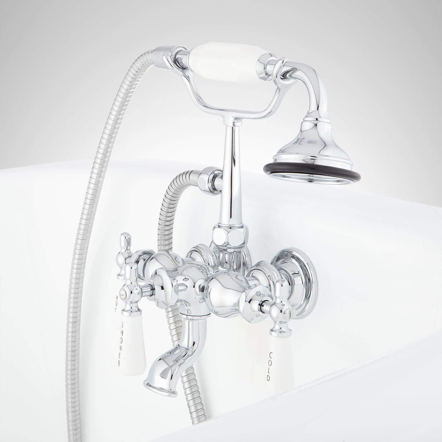 Signature Hardware 154397 Wall Mounted Bathtub Faucet with Porcelain Handles - Includes Hand Shower & Valve - Brushed Nickel Finish for Modern Bathroom Renovation & Spa Experience