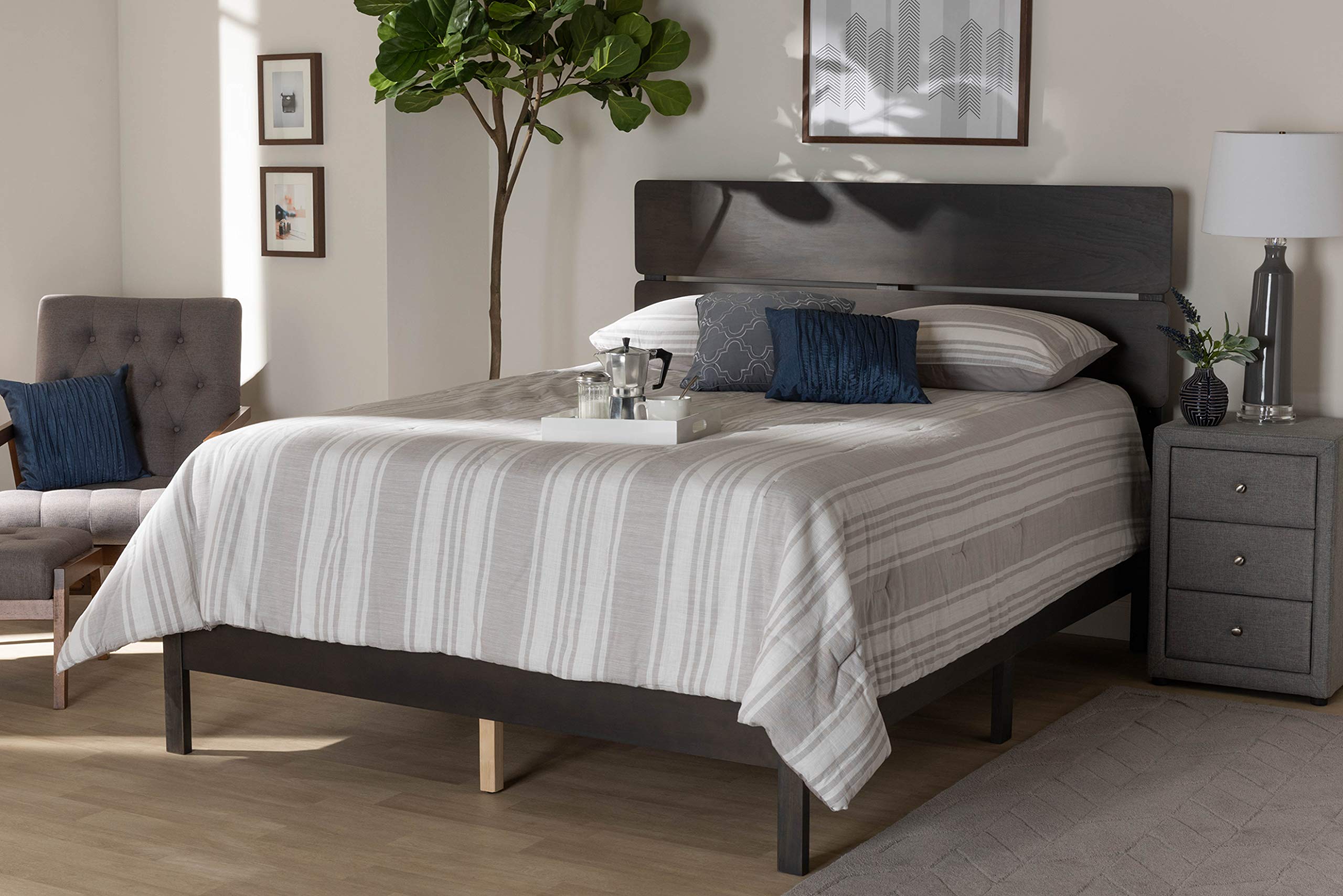 Baxton Studio King Size Bed Frame with Dark Greyish Oak Finish - Requires Box Spring - Perfect for Modern Bedrooms & Master Suites