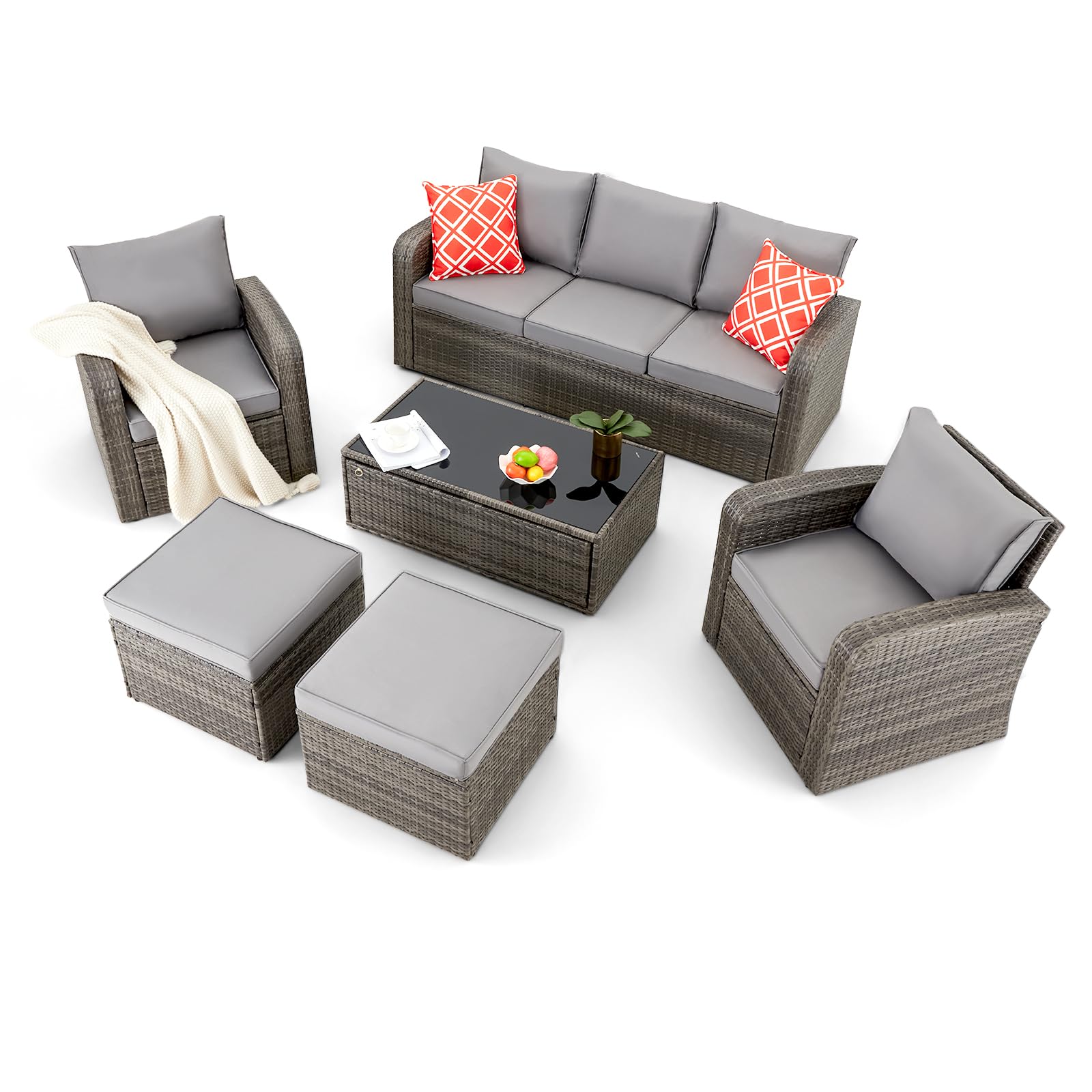 HOMREST 6-Piece All-Weather Wicker Patio Furniture Set with Storage Glass Coffee Table, Outdoor Sectional Sofa & Ottomans - Includes Cushions & Pillows for Garden, Lawn, Balcony (Gray) | Perfect for Backyard Relaxation, Outdoor Entertaining & Poolside Lounging