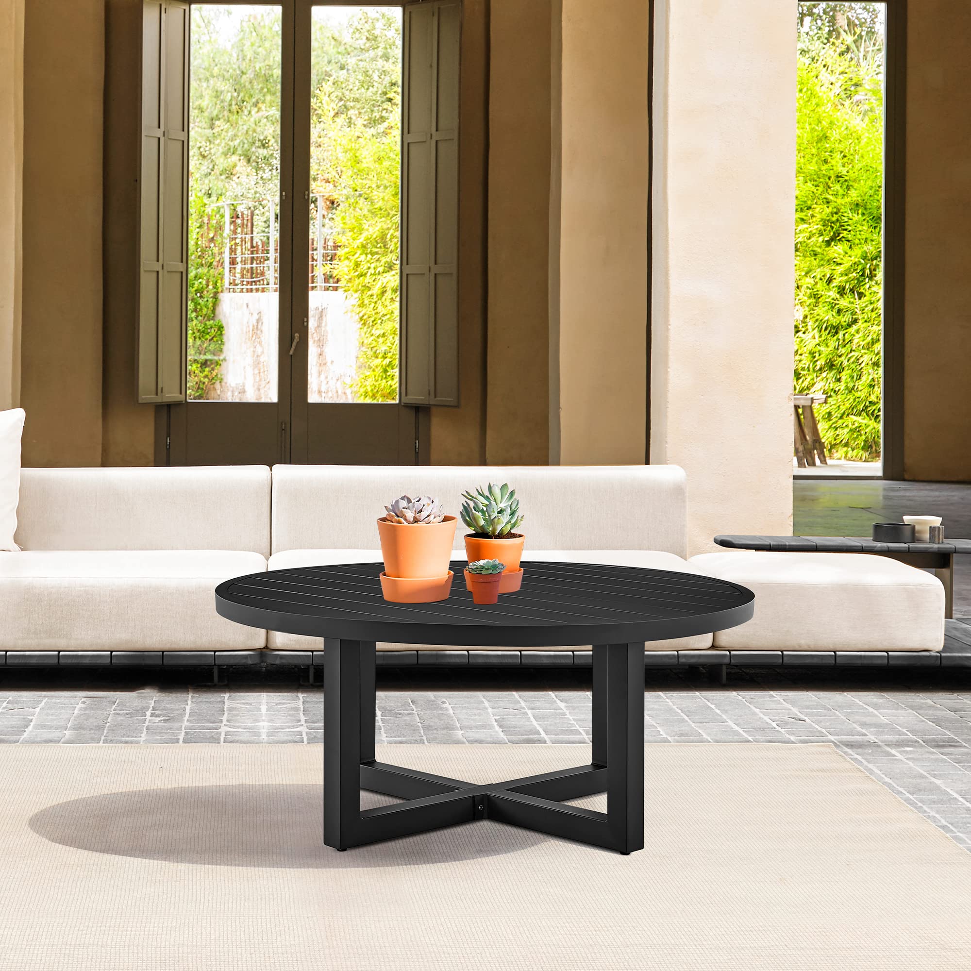Armen Living Argiope Outdoor Round Coffee Table - Black Aluminum Patio Furniture for Garden, Poolside & Backyard Decor