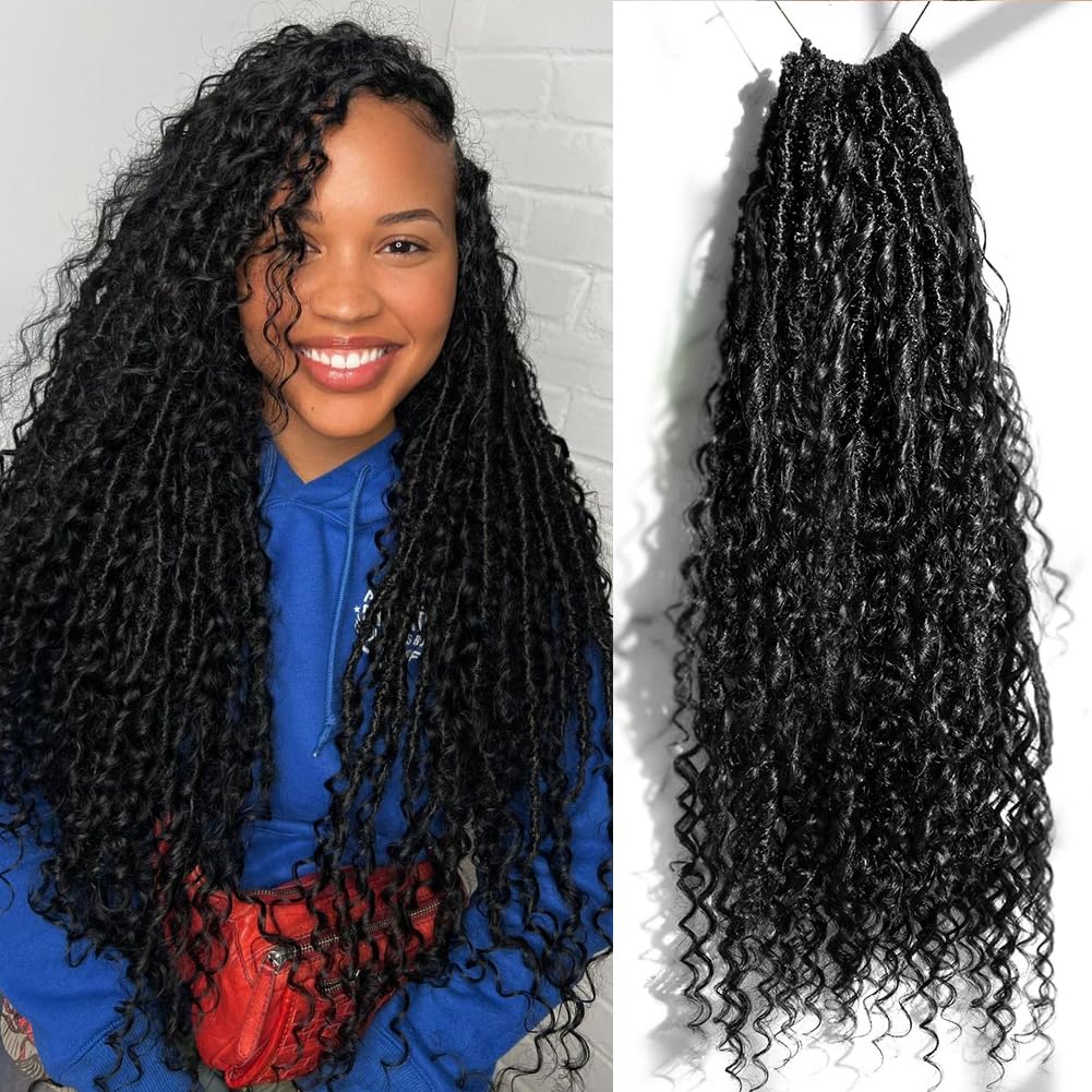 Pre-Looped Crochet Boho Faux Locs with Human Hair Curls | Goddess Crochet Locs with Curly Ends | Soft Dreadlocks Hair for Black Women | Natural Color 18 Inch 3 Packs (72 Locs) | Perfect for Protective Styling, Weddings & Everyday Wear