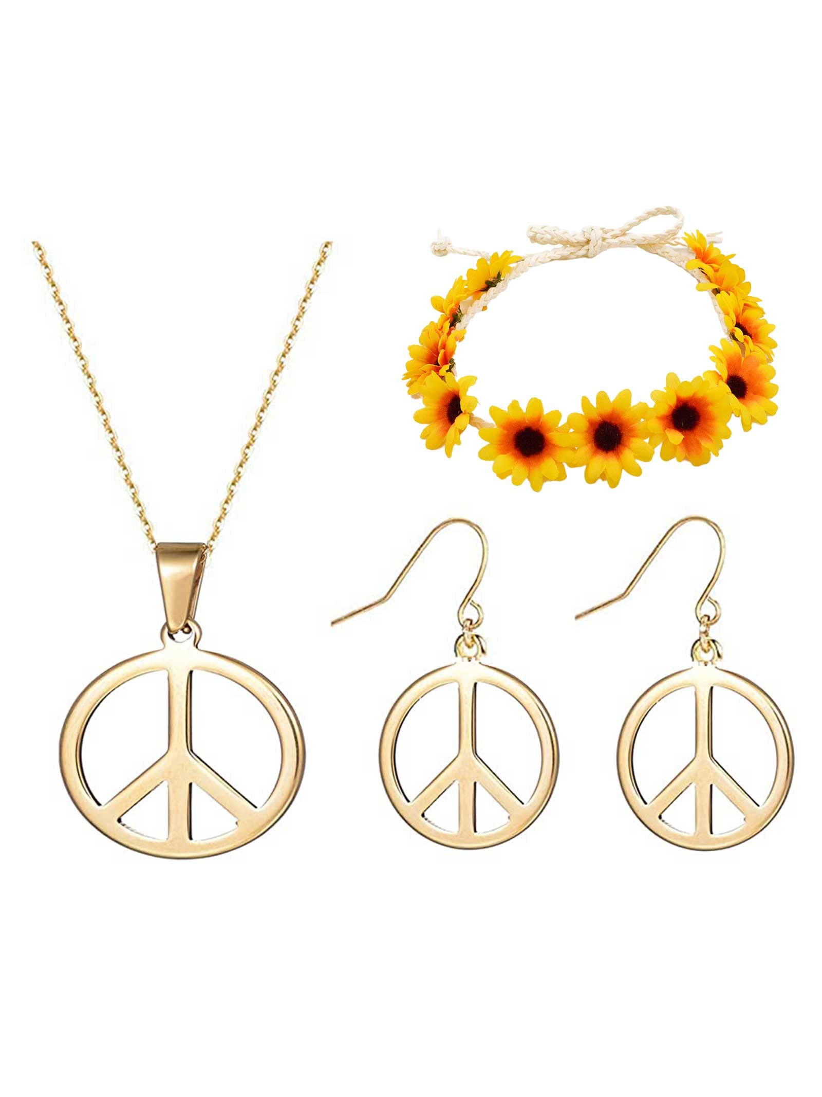 Peace Sign Necklace & Earrings Set for Women - 70s Hippie Jewelry Accessories, Bohemian Pendant Necklace & Dangle Earrings for Girls - Perfect for Music Festivals, Vintage Parties & Boho Fashion