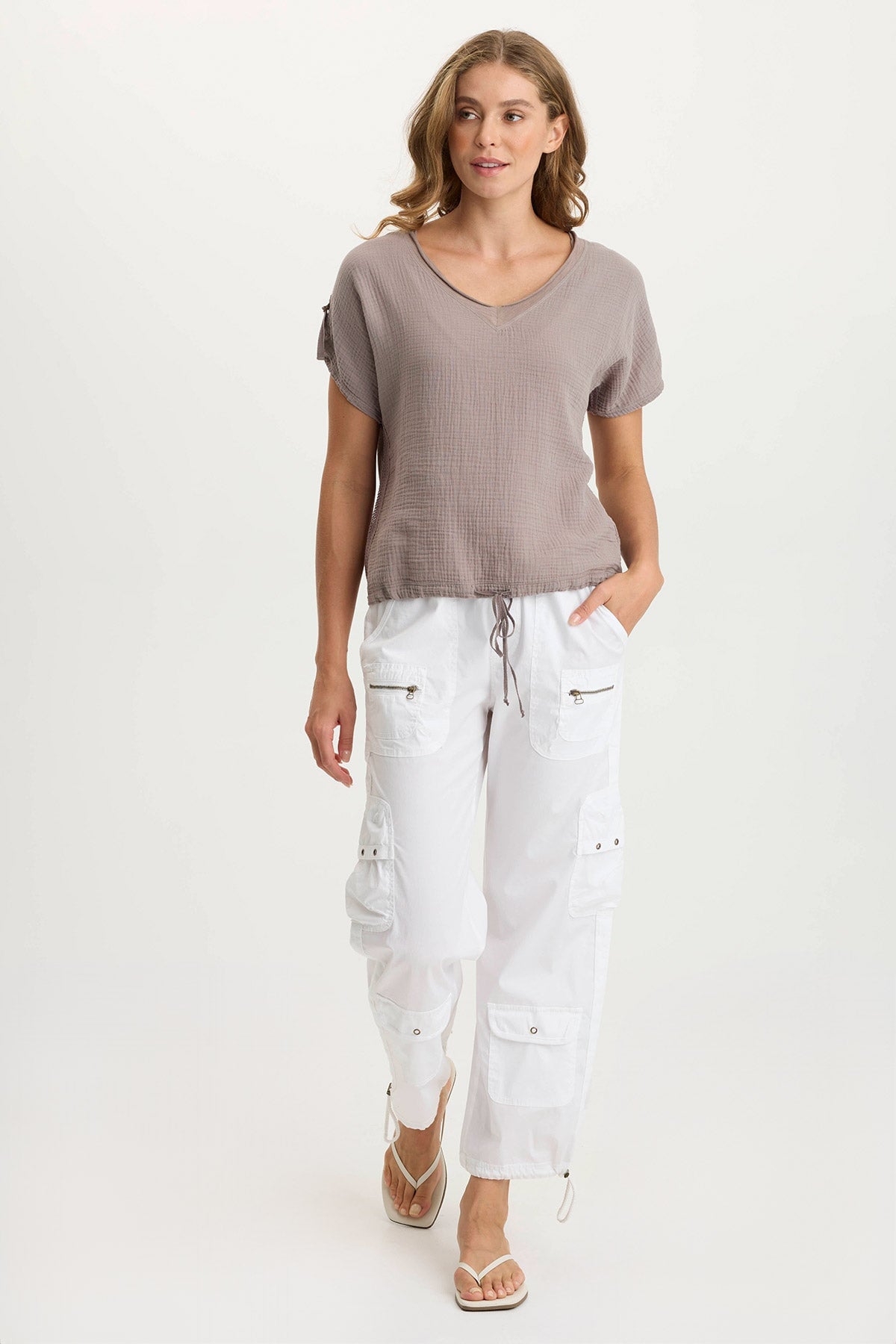 Bower Women's Gauze Jersey Tabbed Sleeve Bubble Hem V-Neck T-Shirt - Casual Summer Top for Beach, Outing & Everyday Wear