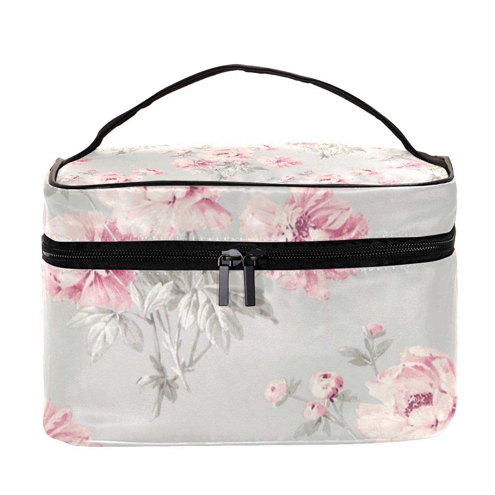 **Pink Floral Print Large Travel Makeup Bag for Women – Waterproof Cosmetic Organizer with Zipper, Perfect for Toiletries, Travel, Gym & Daily Use**