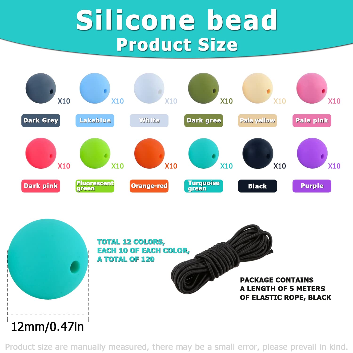 12mm Silicone Beads Kit - 120 Pcs Bulk with Elastic Rope for DIY Jewelry Making - Necklace, Bracelet, Keychain Crafts