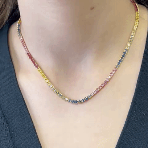 14K Gold Rainbow Multi-Color Sapphire Tennis Necklace (12.60ct) - 4 Prong Setting for Women, Elegant Jewelry Gift for Anniversary, Wedding, Party & Special Occasions