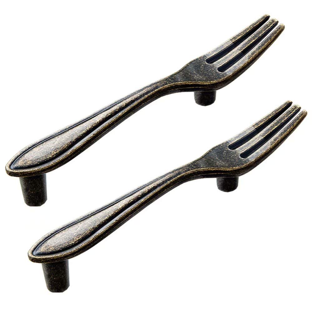 2 Pack Antique Bronze Zinc Alloy Cabinet Handles - Modern Fork Design Kitchen & Drawer Pulls (76mm CC) for Cabinets, Cupboards & Furniture Upgrade