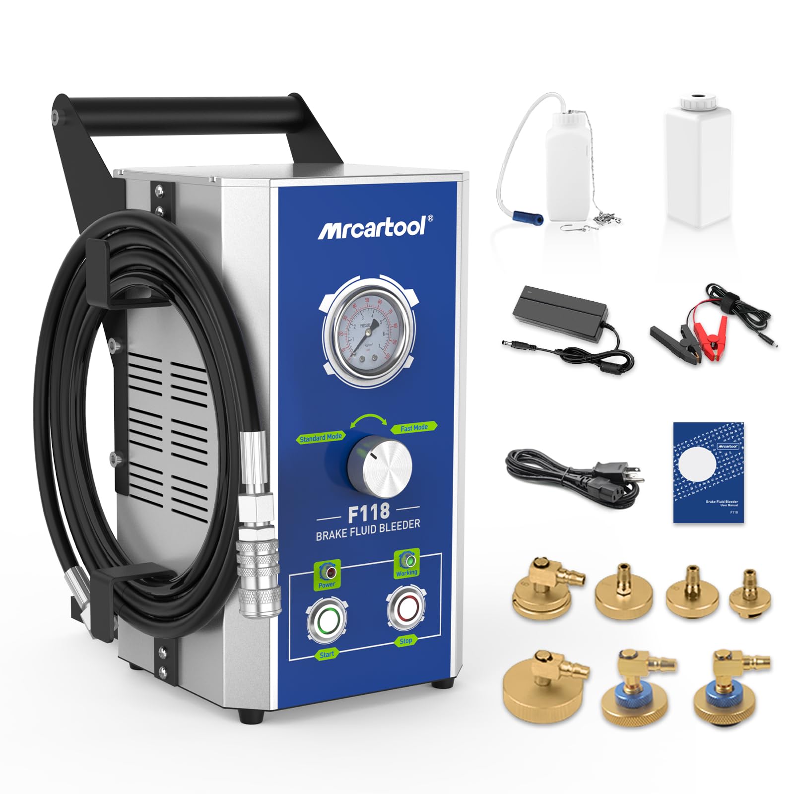 MR CARTOOL F118 Electric Brake Bleeder Kit - 110V Automotive Brake Fluid Oil Exchanger Machine with 7 Master Cylinder Adapters for All Cars, Trucks & Motorcycles | Perfect for DIY Brake Maintenance & Professional Auto Repair Shops