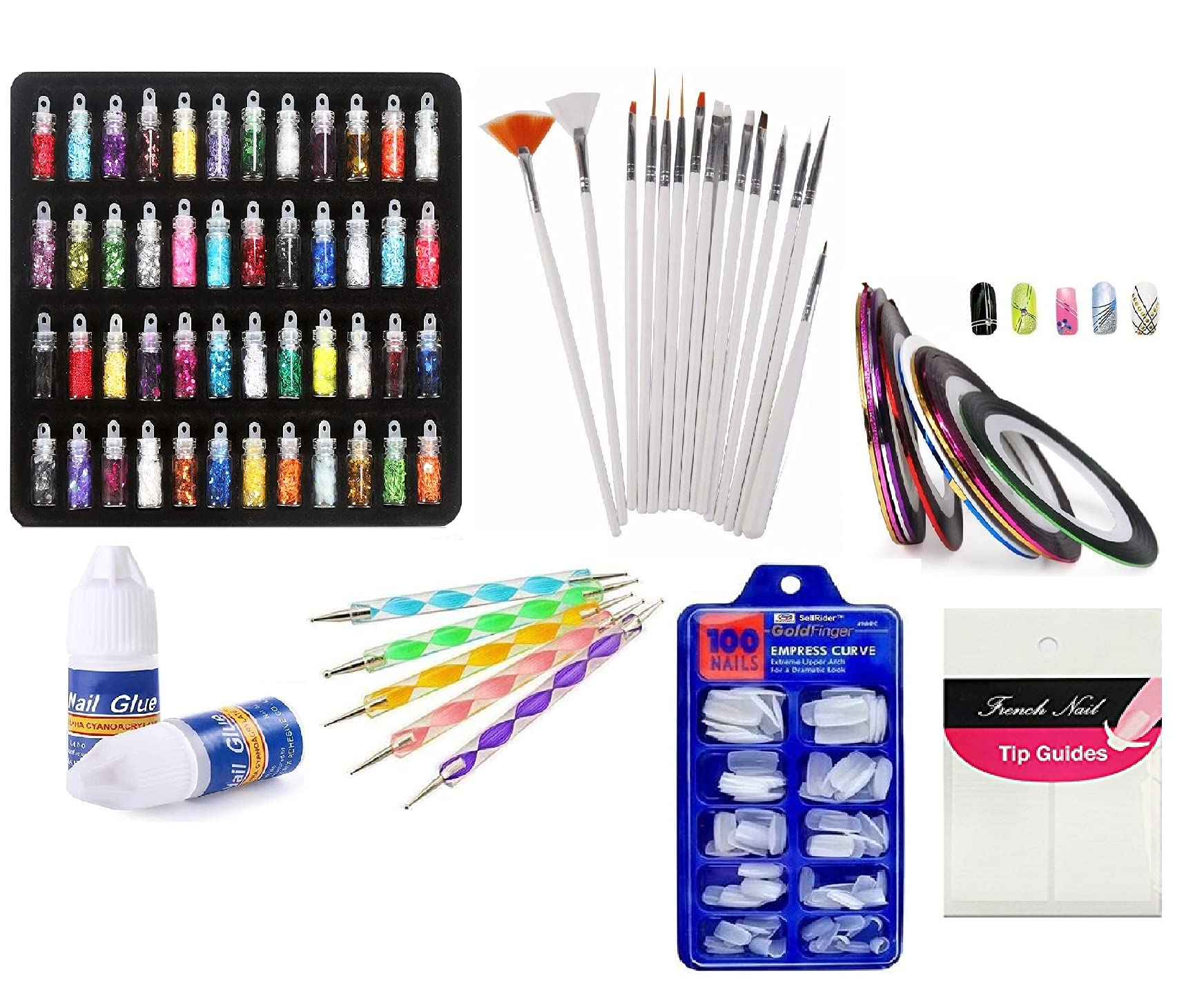Premium Nail Art Kit with 100 Fake Nails, 15 Brushes, 5 Dotting Tools, 48 Glitter Bottles, 10 Tapes, 2 Glues & 10 Guides (190-Piece Set) - Perfect for DIY Manicures, Salon Professionals & Nail Art Enthusiasts