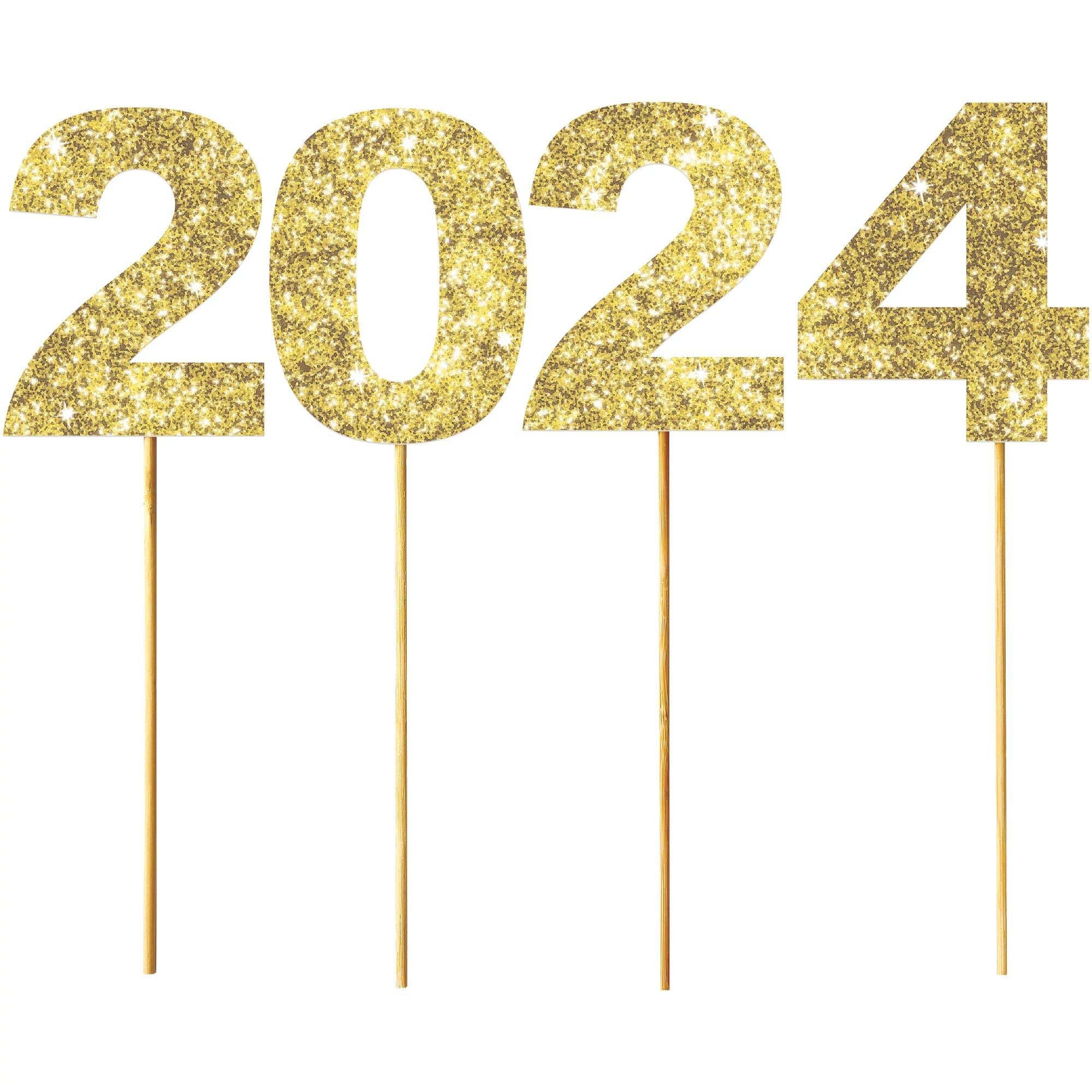 2024 Graduation Cake Topper Set - 4 Pack Gold Glitter Cake Decorations for Graduation Party, Wedding, Birthday & Celebration (Perfect for Cakes, Cupcakes & Desserts)