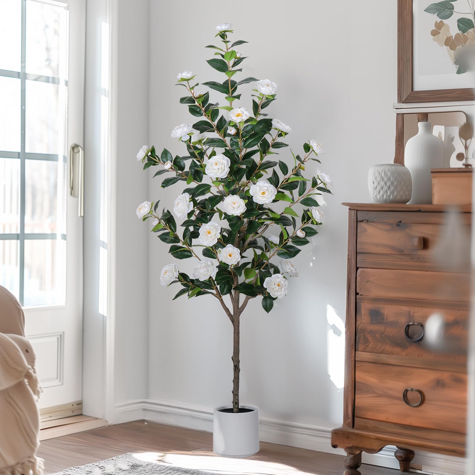 63 Inch Artificial Camellia Tree with White Flower Pots - 5 Ft Faux Indoor/Outdoor Plant with Blooming Flowers, Home & Office Decor for Living Room, Front Door, Patio, and Garden