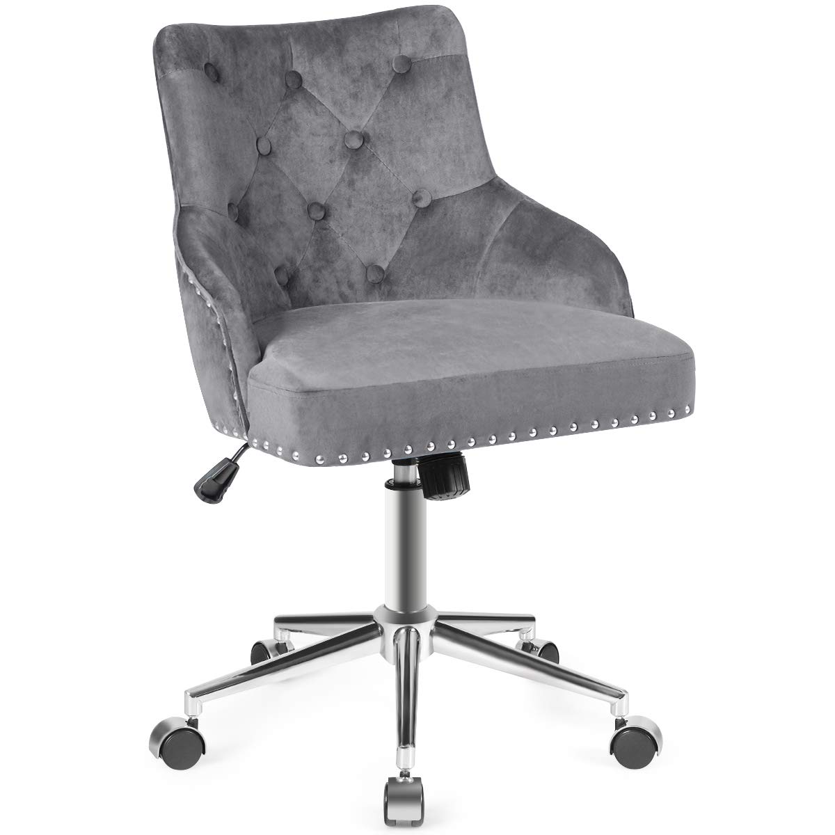 Giantex Modern Velvet Office Chair with Tufted Upholstery & Nailhead Trim - Adjustable Mid-Back Swivel Armchair for Home Office, Computer Desk & Workspace - Comfortable Task Chair for Working, Studying & Gaming (Gray)