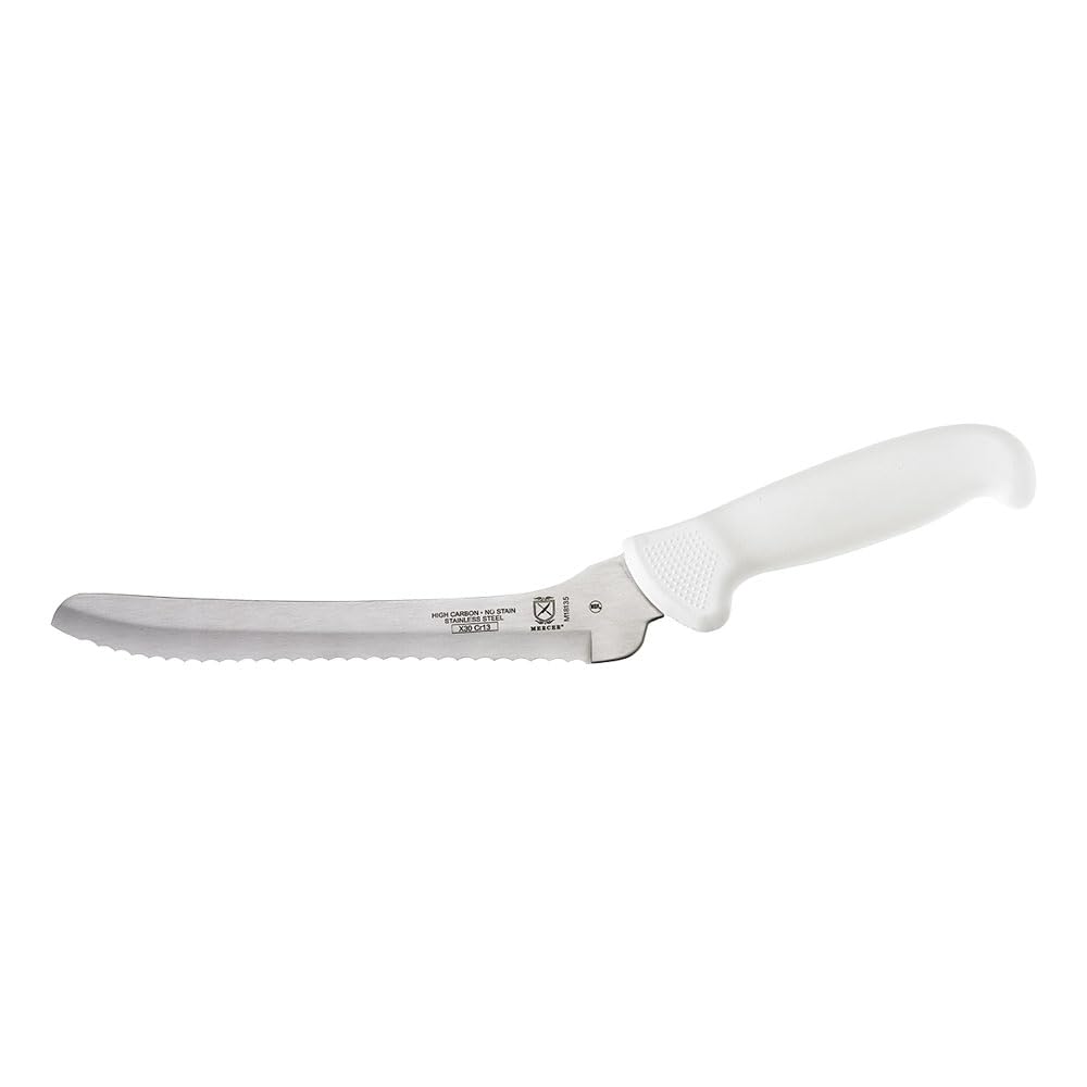 Best 8 Inch Offset Bread Knife by Mercer Culinary - Ultimate White Series for Sourdough, Baguettes & Artisan Bread Baking | Professional Kitchen & Home Use