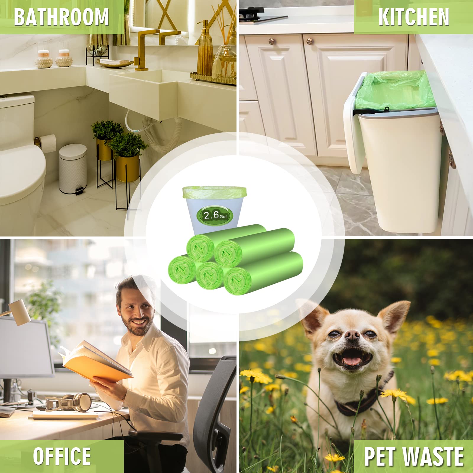 2-2.6 Gallon Biodegradable Trash Bags - 100 Count Small Bathroom Garbage Bags | Clear Green Expanded Size (10L) | Eco-Friendly Waste Disposal for Home, Office & RV Use