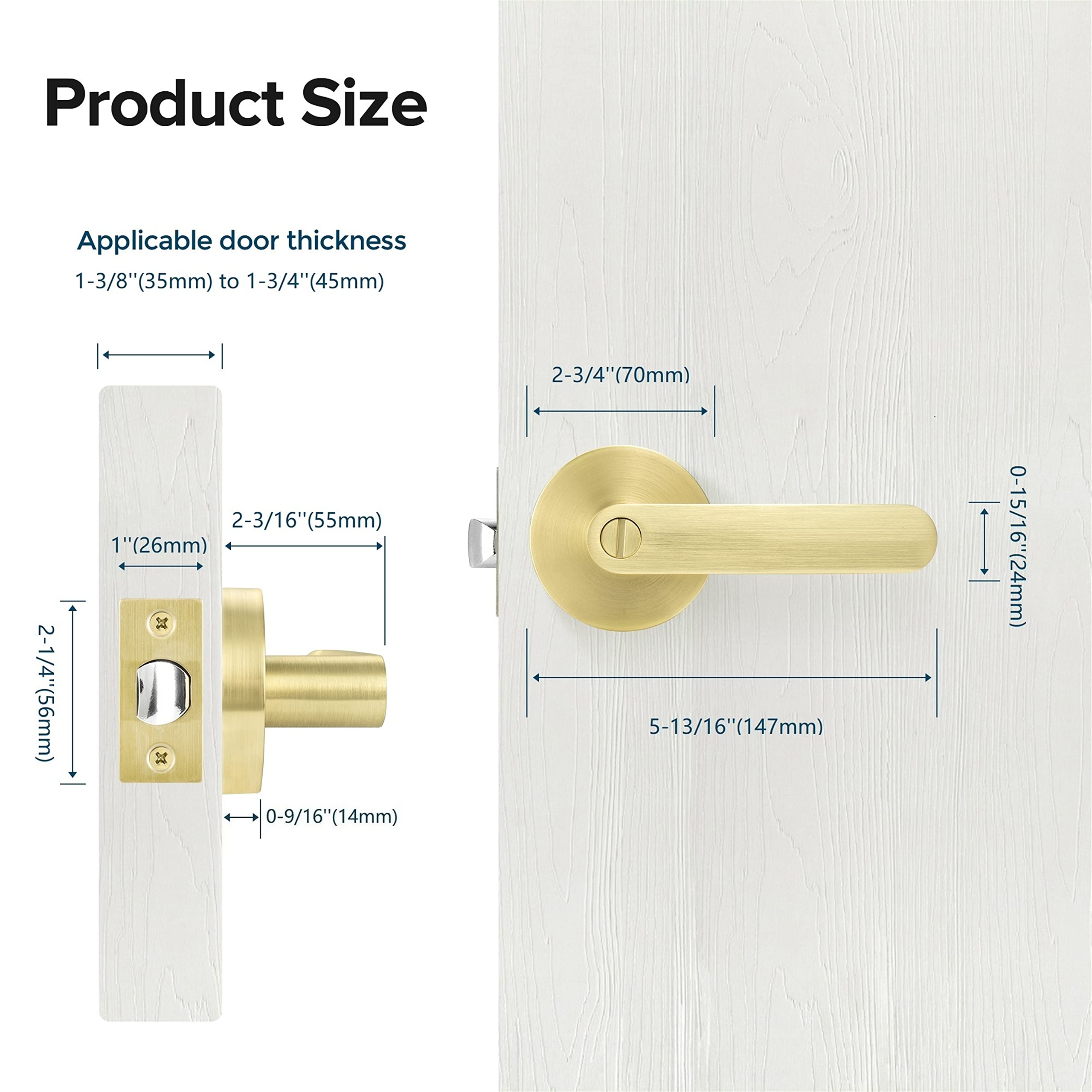 Keyless Privacy Door Lock - Light Satin Brass Finish for Bathrooms & Interior Doors