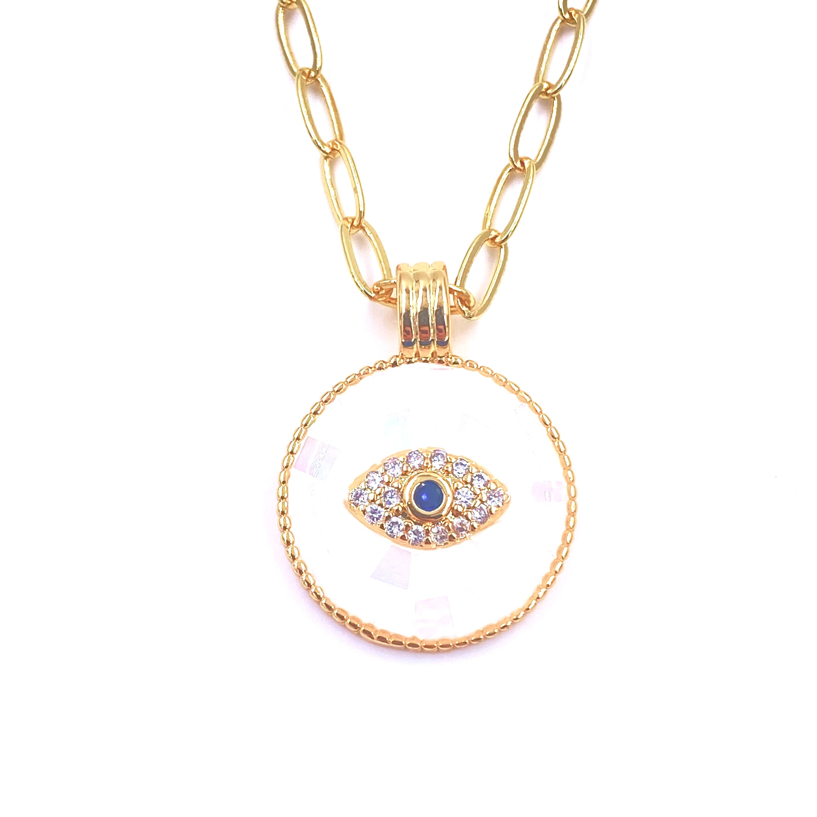 Ashley Gold Stainless Steel Evil Eye Necklace with White Opal Disc - 18K Gold Plated Protection Jewelry for Women, Perfect for Everyday Wear & Spiritual Gifts