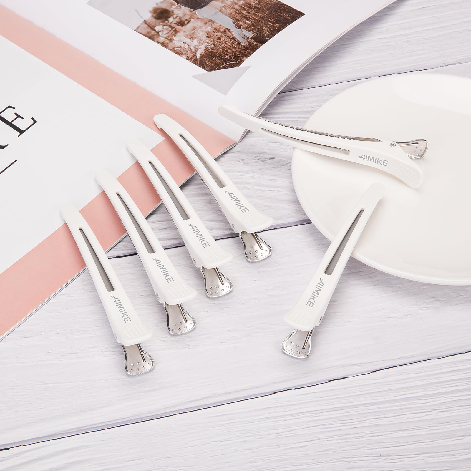 AIMIKE 6pcs Professional Hair Clips for Styling & Sectioning - Non-Slip No-Trace Duckbill Hair Clips with Silicone Band for Salon & Home Use - Great for Hairdressers, Women & Men (White, 4.3