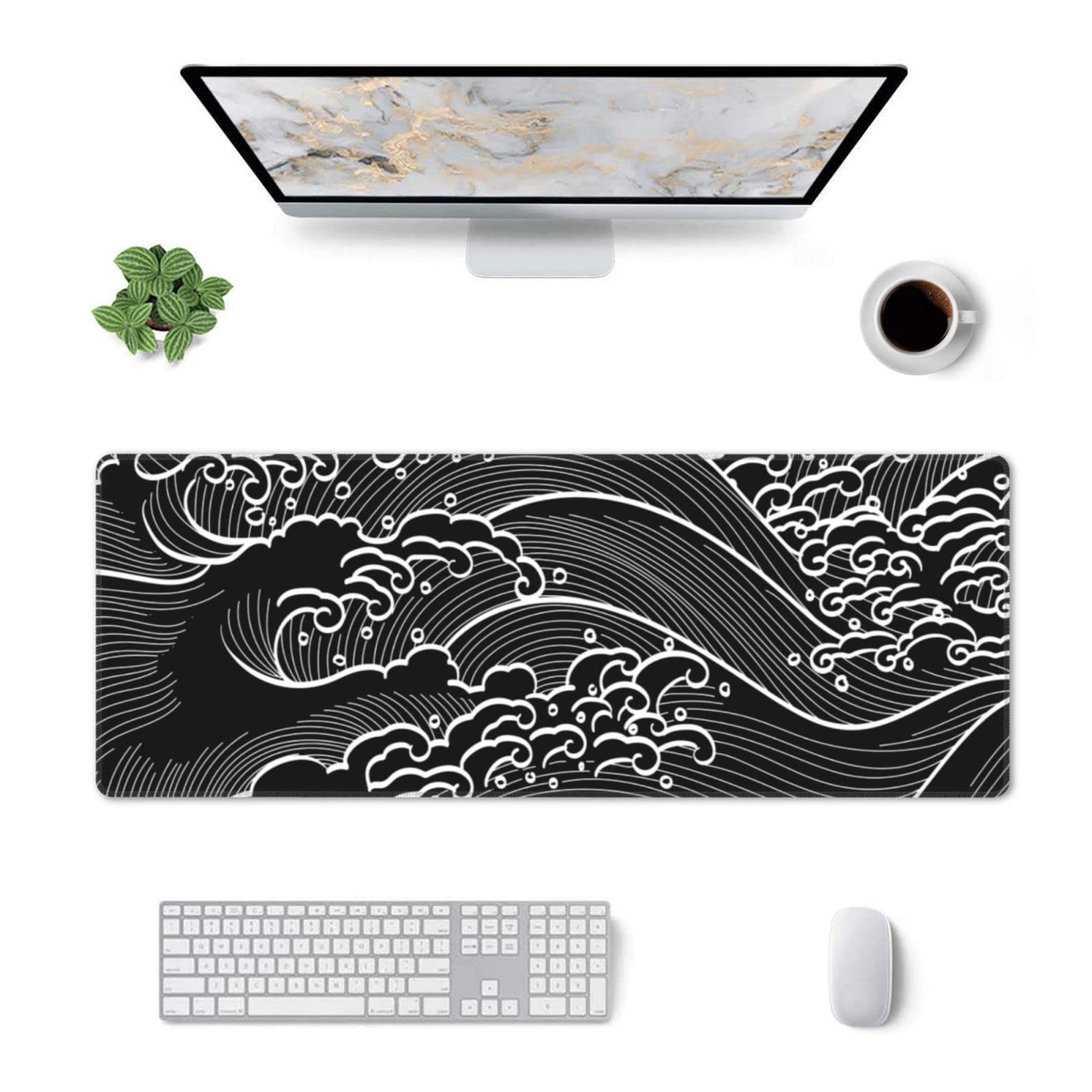 Japanese Wave Black & White Gaming Mouse Pad XL - Large Non-Slip Rubber Base, Stitched Edges Desk Mat (31.5