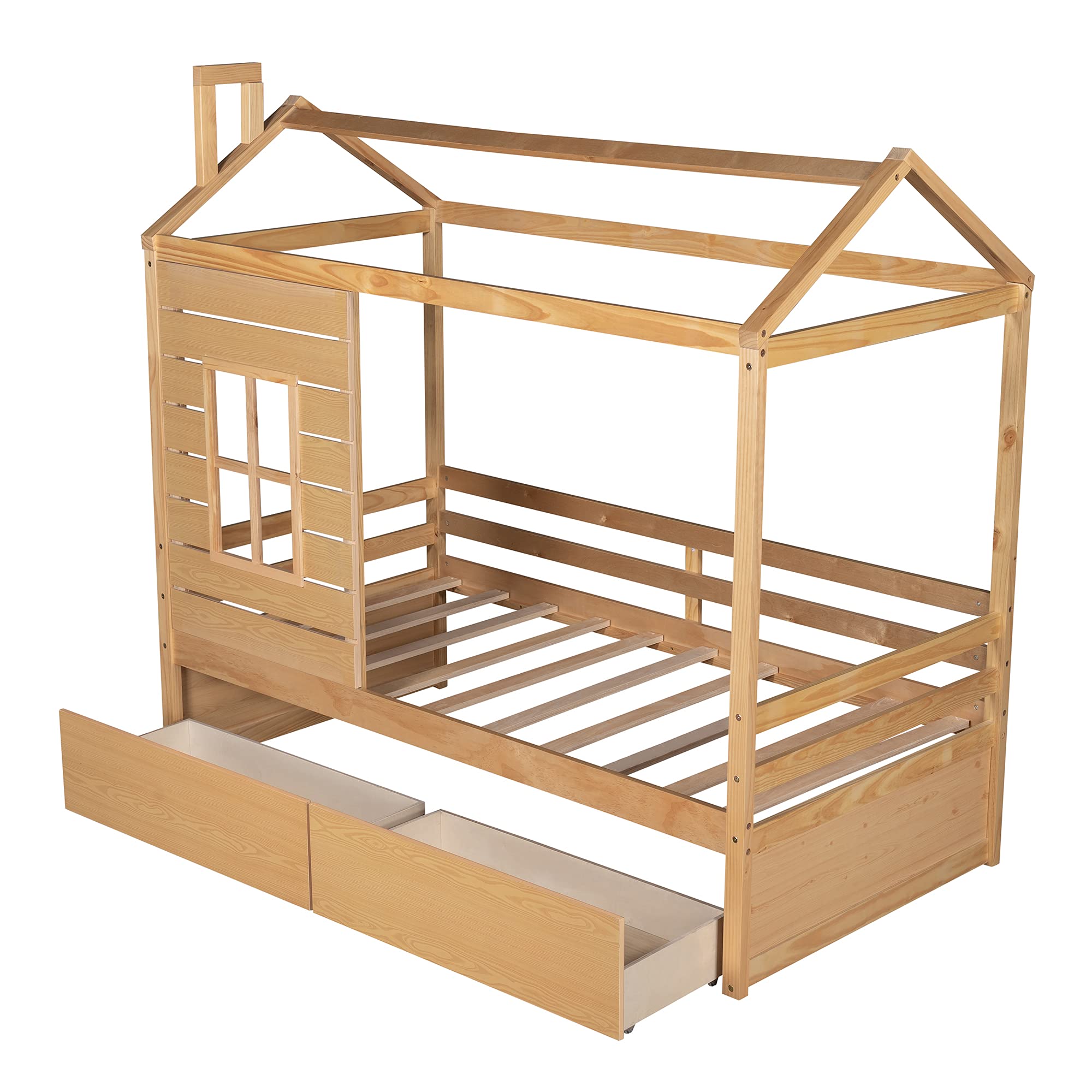 Quarte House Bed Low Daybed for Kids - Twin Size Wood Floor Bed Frame with 2 Drawers & Window - No Box Spring Needed (Walnut) - Perfect for Small Bedrooms, Playrooms & Montessori Spaces