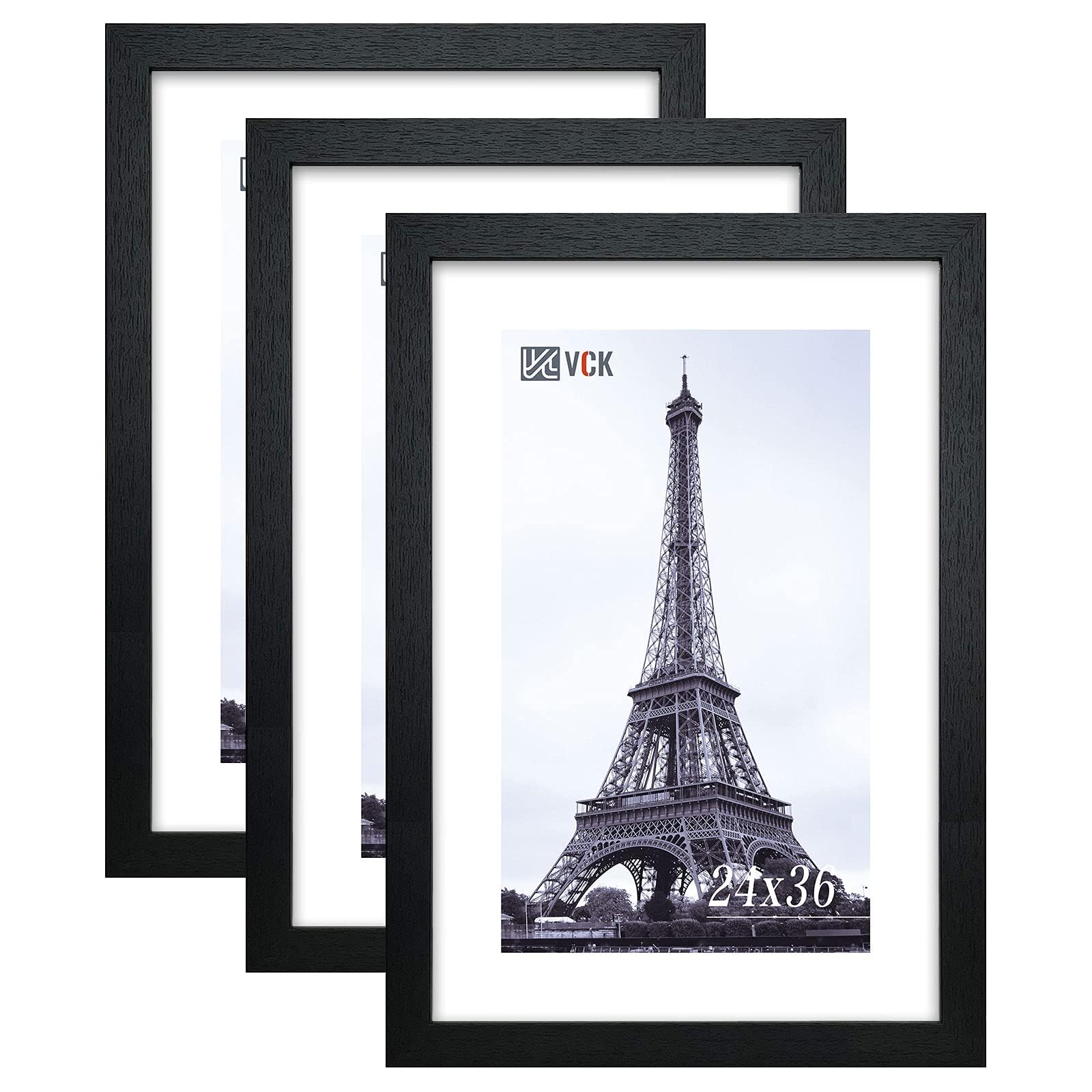 VCK 24x36 Inch Solid Wood Black Poster Frames 3 Pack - Premium Picture Frames with Wall Mounting Hanging Kit for Home, Office & Gallery Decor