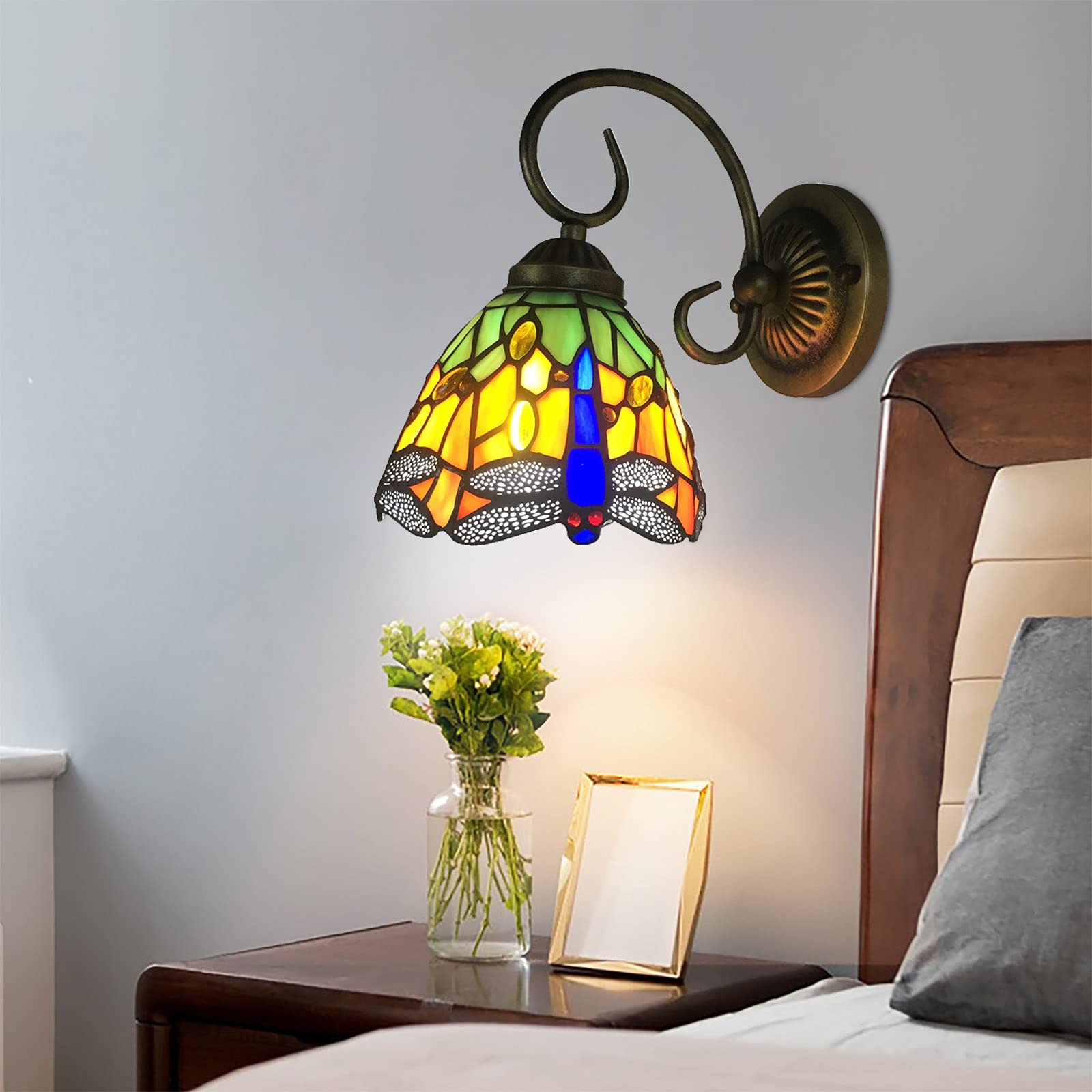 Tiffany Style Wall Lamp LED - Stained Glass Sconce with Dragonfly Design, E27 Base, 6 Inch Hallway Light for Bedroom & Living Room - Perfect for Corridor, Gallery, and Passageway Lighting