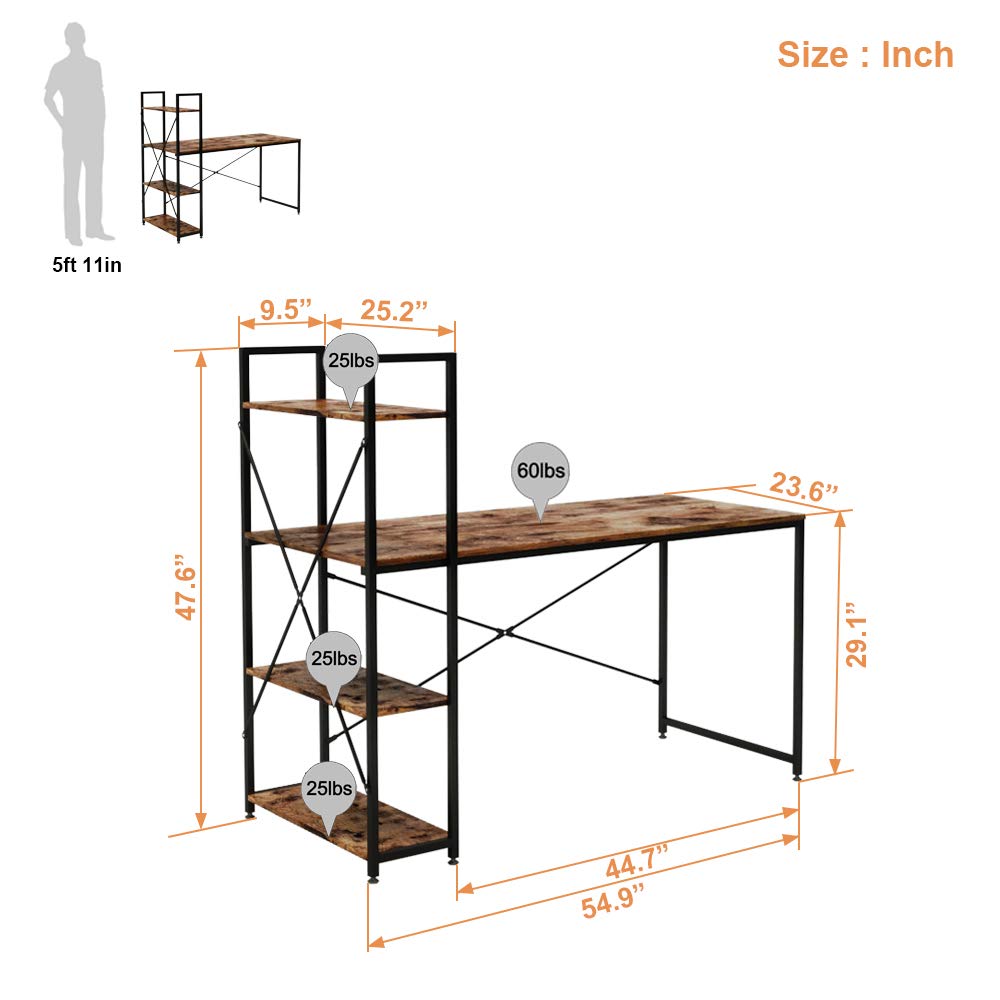 Bestier 55 Inch Computer Desk with Storage Shelves - Reversible Bookshelf Home Office Desk, Spacious Leg Room & Easy Assembly, Rustic Brown - Perfect for Small Spaces & Remote Work Setup