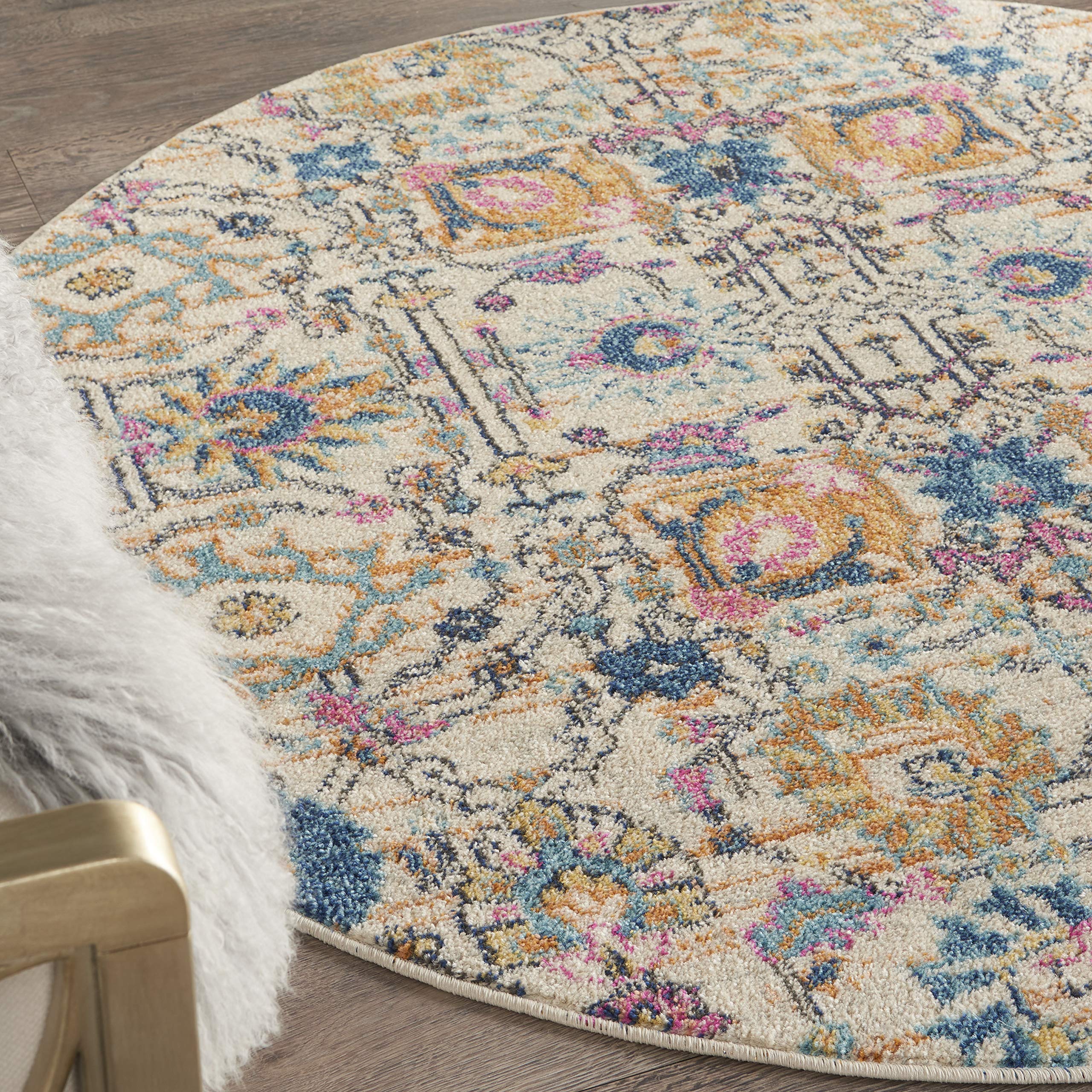 Nourison Passion Ivory/Multi 4' Round Boho Moroccan Area Rug - Non-Shedding, Easy to Clean - Perfect for Bedroom, Living Room, Dining Room & Kitchen Decor