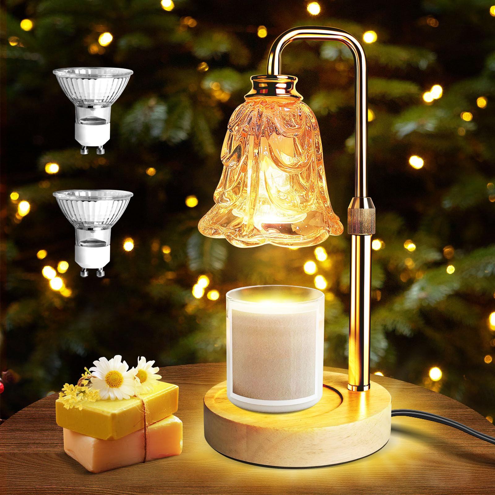 PYZO Flameless Candle Warmer Lamp with Timer - Adjustable Height Electric Wax Melter & Dimmable Light for Scented Candles | Gold Flower Design Home Decor Gift for Women, Mom, Housewarming | Perfect for Bedroom, Living Room & Aromatherapy Relaxation
