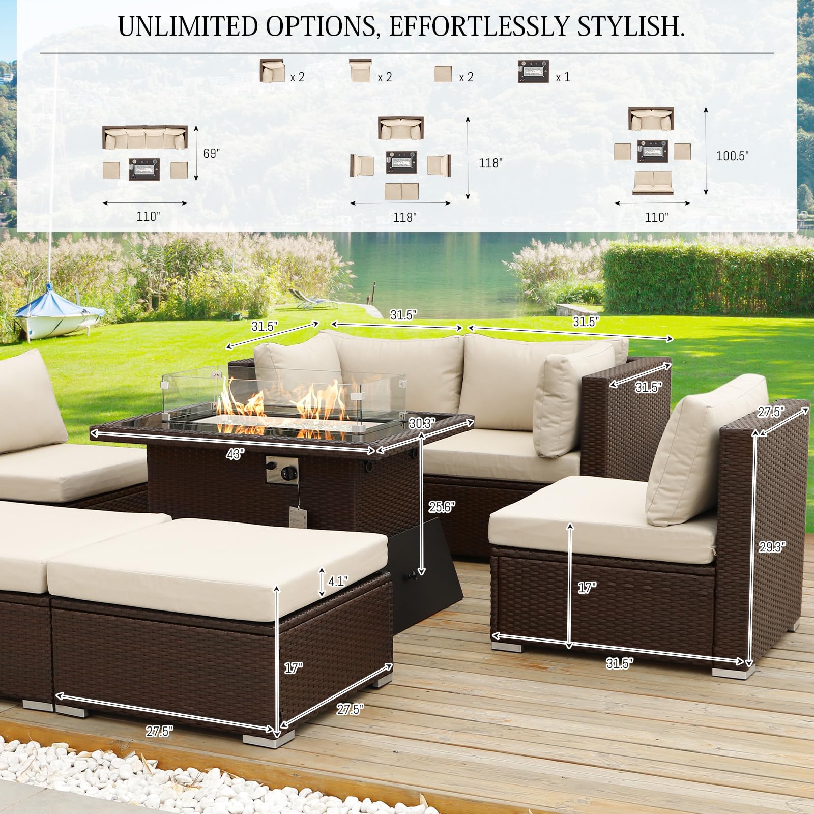 BLUEXYARD 7-Piece Brown PE Rattan Outdoor Patio Furniture Set with Fire Pit Table - High Back Wicker Sectional Sofa Conversation Set for Backyard, Garden, Poolside (Beige) - Perfect for Entertaining, Relaxing & Outdoor Gatherings