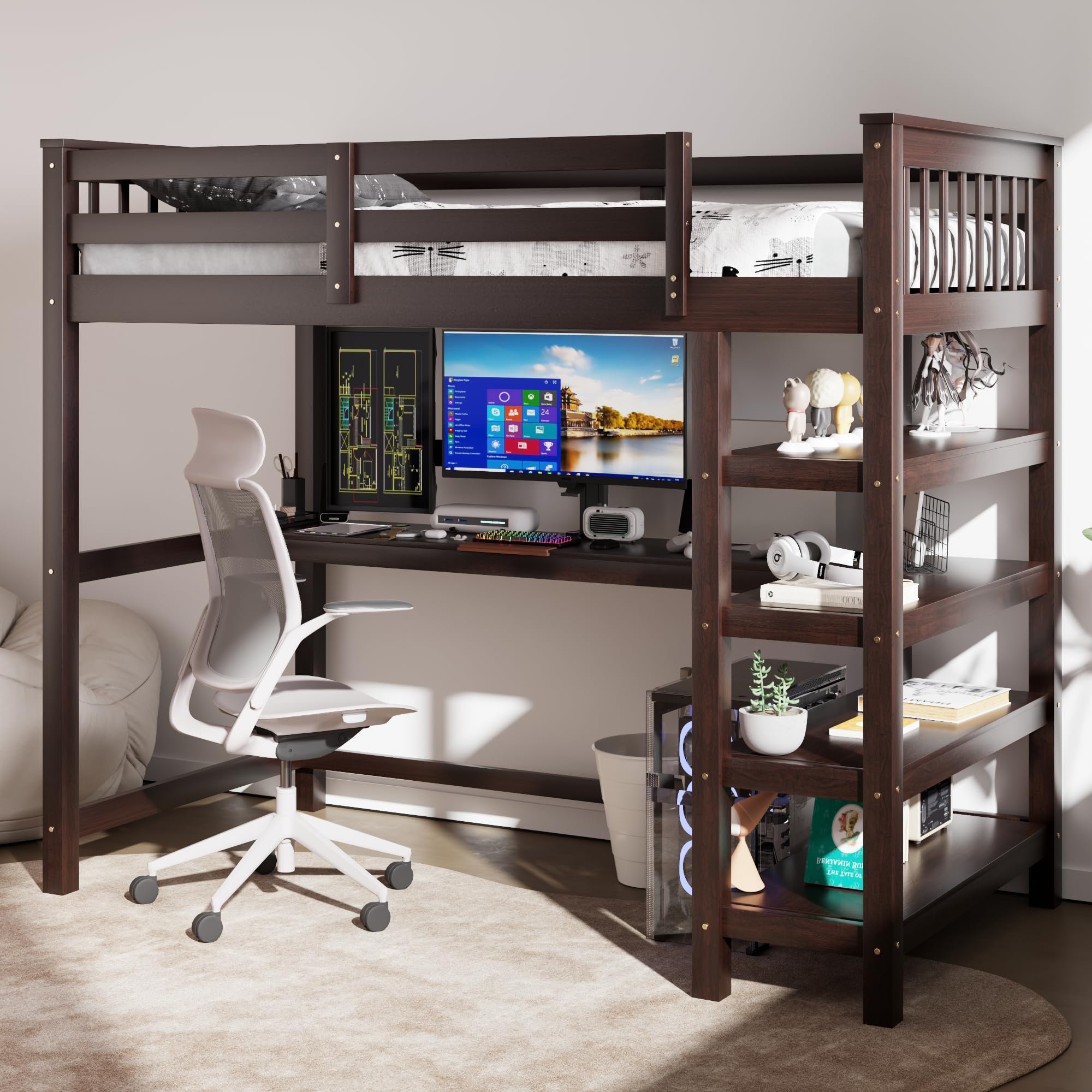 Merax Twin Size Wood Loft Bed with Desk & Shelves - Space-Saving Study Bed with Storage & Under-Bed Workspace in Espresso Finish - Perfect for Small Bedrooms, Dorm Rooms & Kids' Rooms