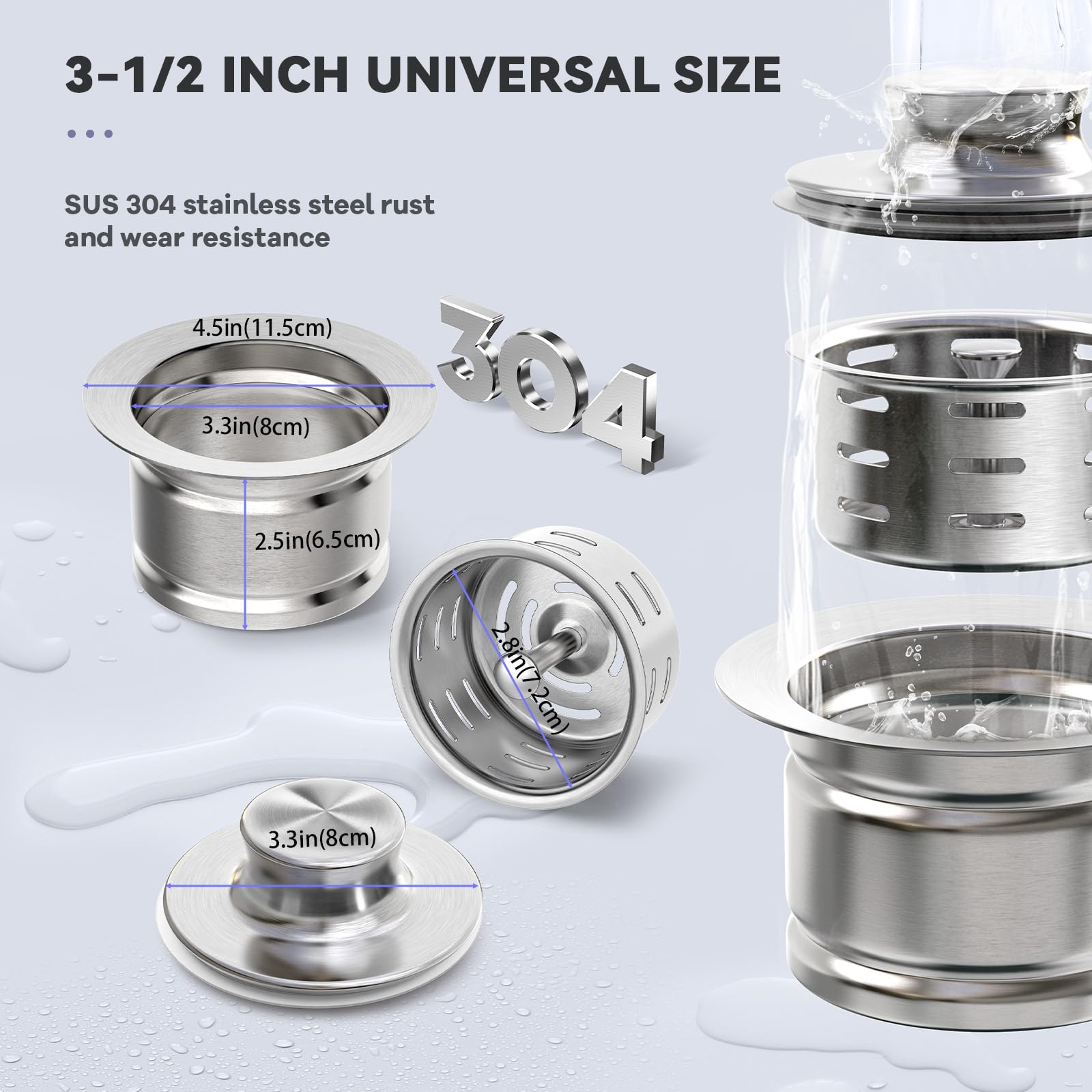 KONE Extended Garbage Disposal Flange with Strainer & Stopper - 304 Stainless Steel Kitchen Sink Flange for 3-1/2