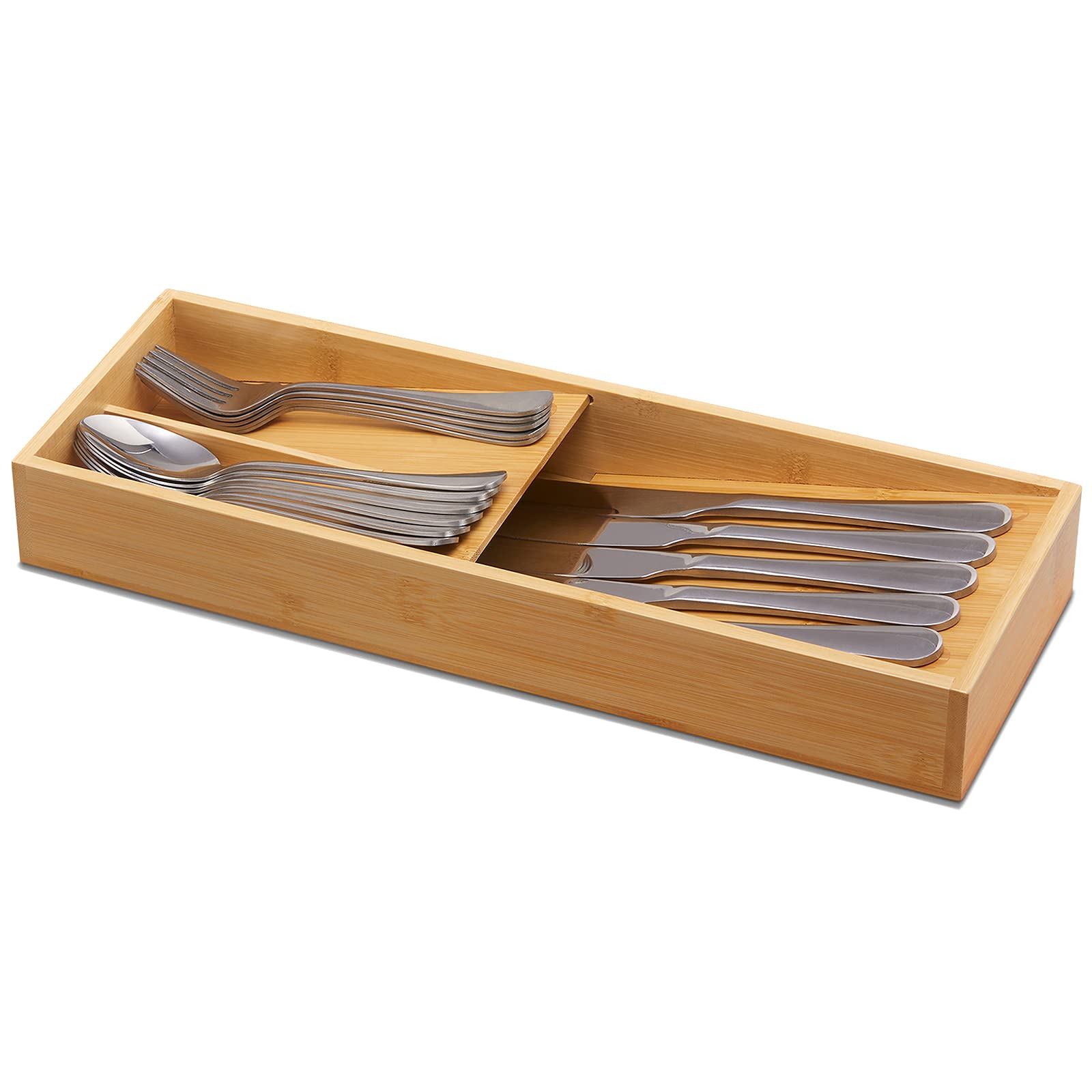 Bamboo Cutlery Organizer for Spoons Forks Knives - Kitchen Drawer Tray